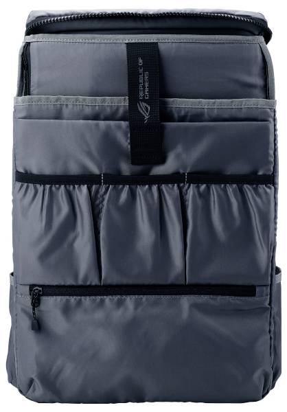 Ein grauer Rucksack mit mehreren Fächern und Reißverschlüssen. Ideal für das Tragen von Elektronik oder täglichen Gegenständen.