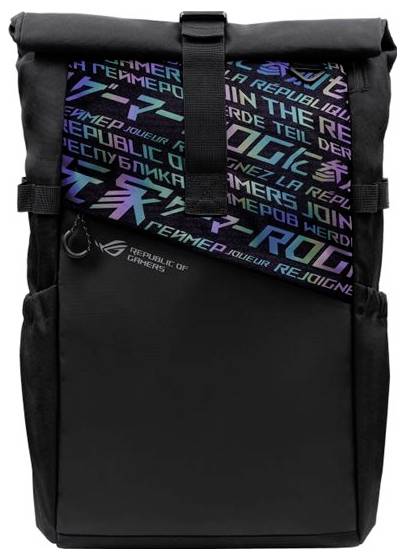 Schwarzer Rucksack mit farbigem 'ROG'-Schriftzug und Logo. Geeignet für Gamer oder technikaffine Nutzer.