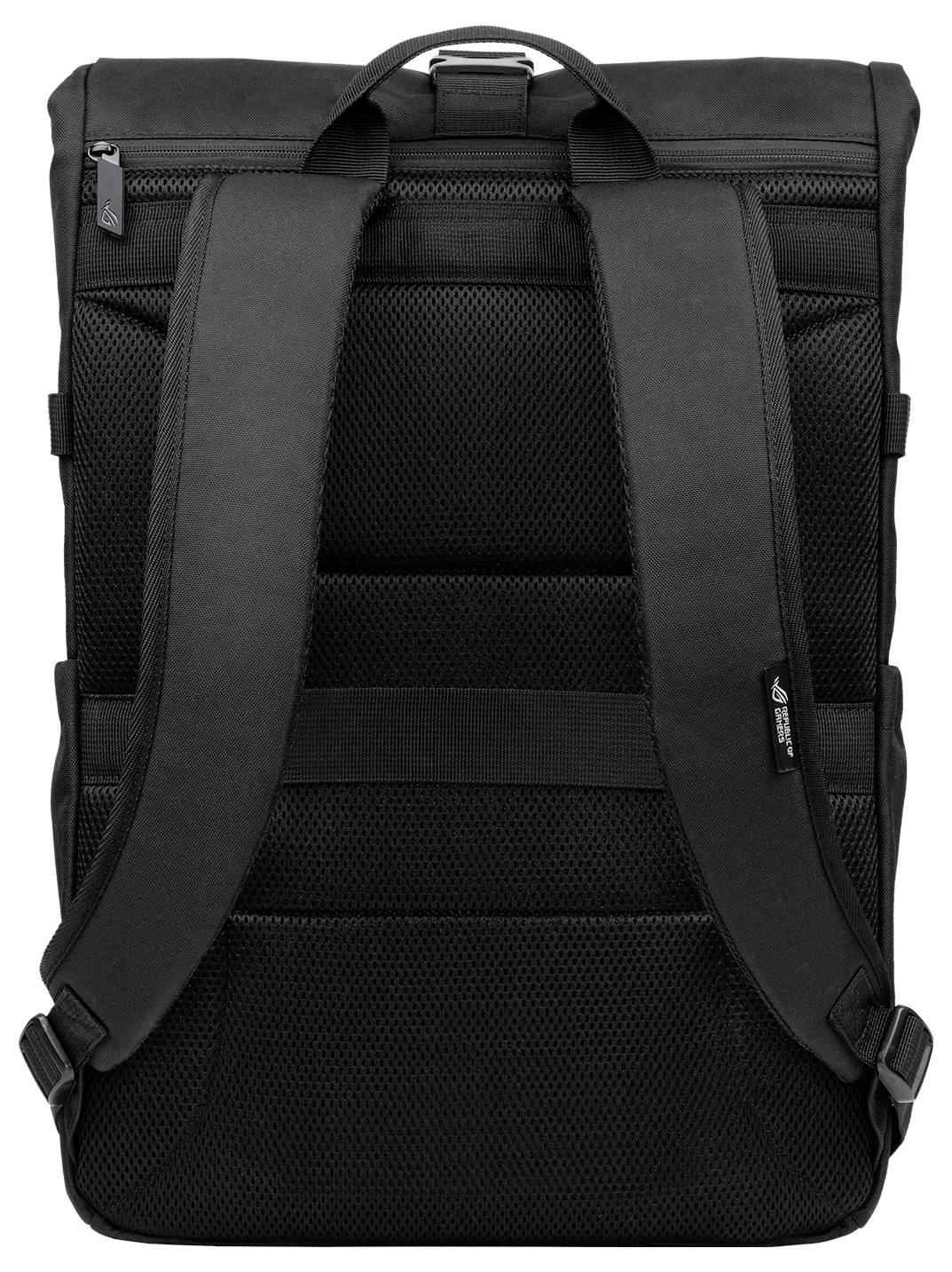 Ein schwarzer Rucksack mit verstellbaren Trägern und gepolsterter Rückenpartie, geeignet für den Alltag oder Reisen.