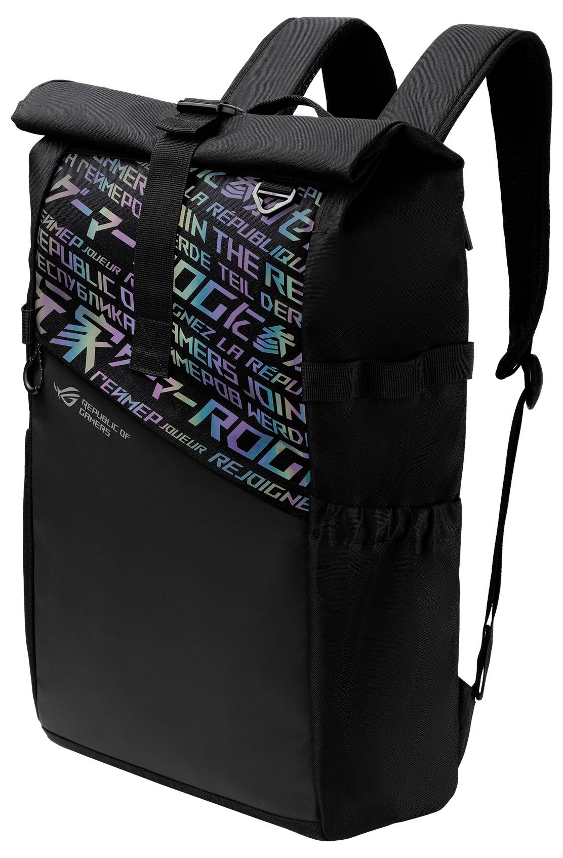 Schwarzer Rucksack mit buntem Textmuster auf der Vorderseite, Rolltop-Design und seitlichen Fächern. Geeignet für Freizeit oder Schule.