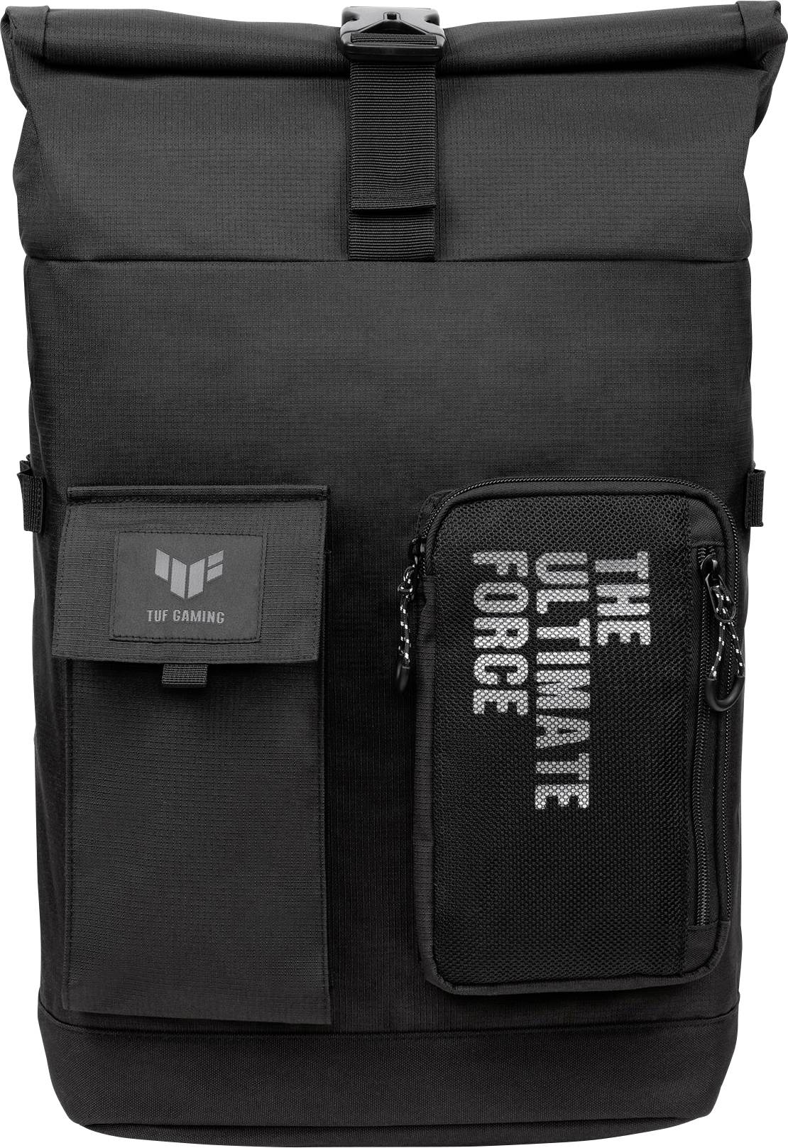 Schwarzer Rucksack mit zwei Fronttaschen, eine trägt das Logo 'TUF Gaming', die andere die Inschrift 'The Ultimate Force'.