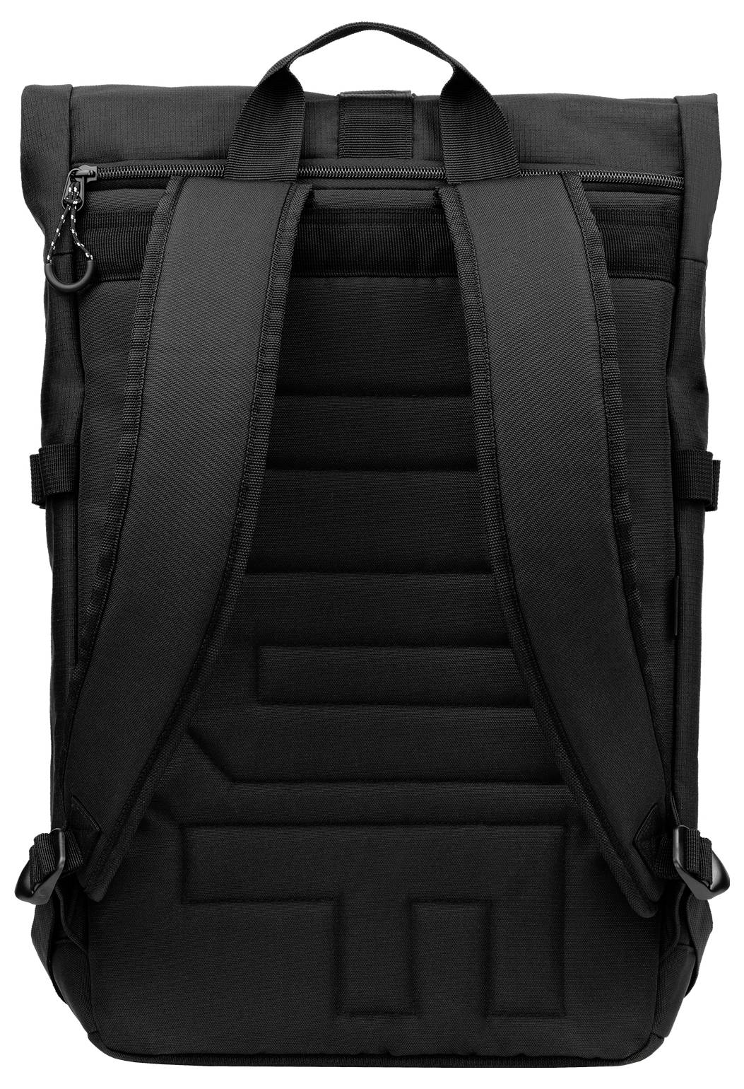 Schwarzer Rucksack von hinten, mit gepolsterten Schultergurten und einem oberen Griff, schlichtes Design ohne sichtbares Logo oder Muster.