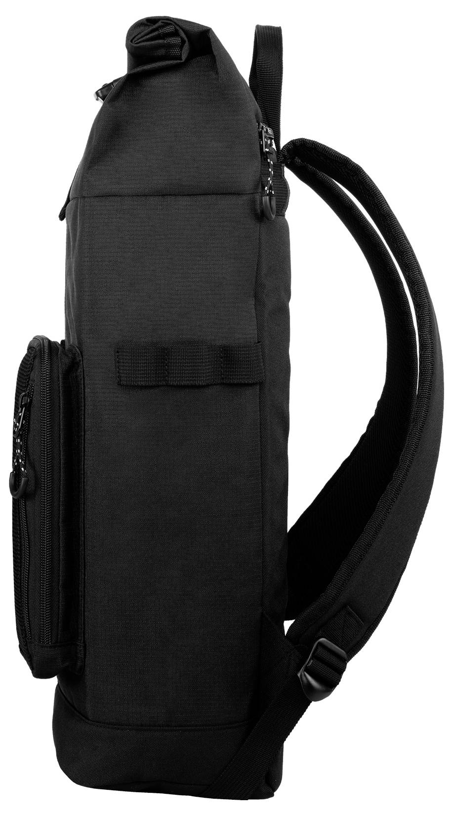 Schwarzer Rucksack in seitlicher Ansicht mit Reißverschlussfächern und verstellbaren Schultergurten, zeigt minimalistisches Design.