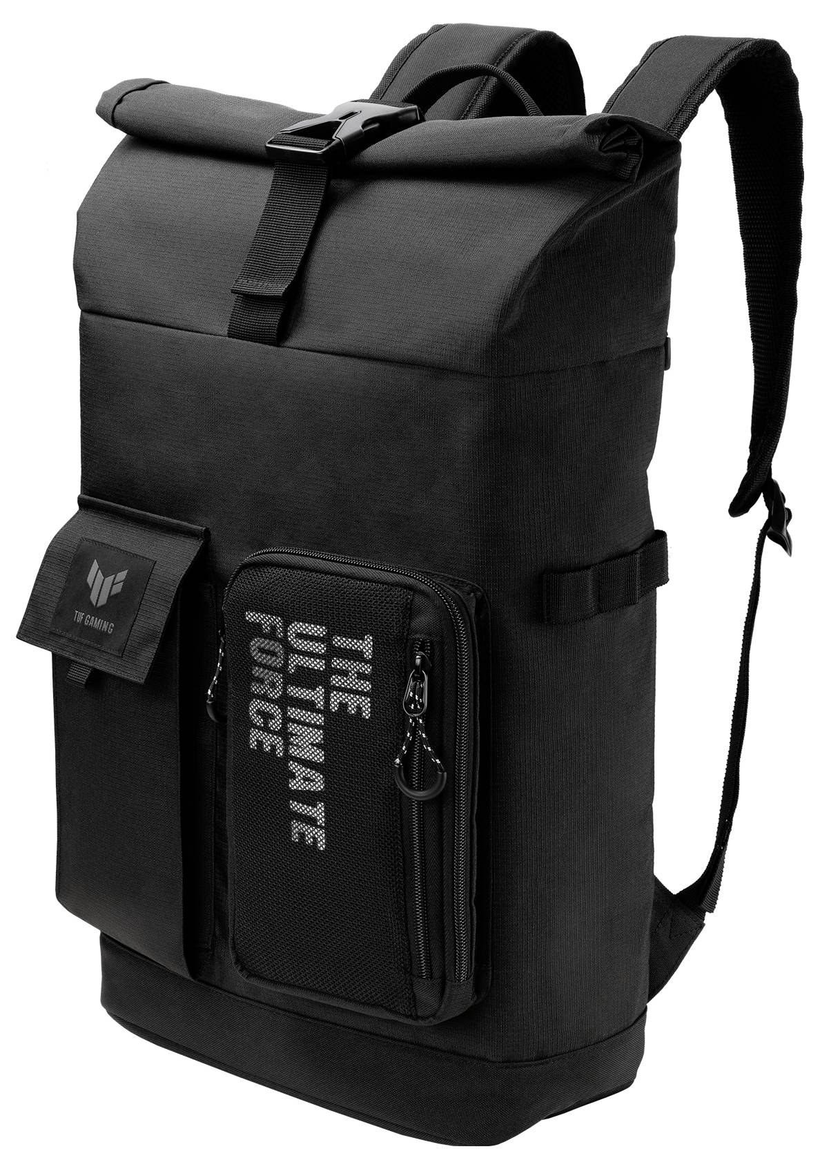 Schwarzer Rucksack mit Rolltop-Verschluss, Reißverschlusstasche vorne und Schriftzug 'The Ultimate Force'.