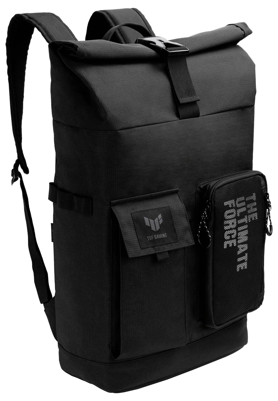 Schwarzer Rucksack mit Rollverschluss, aufgesetzter Tasche mit Reißverschluss und Text 'The Ultimate Force', robustes Design.