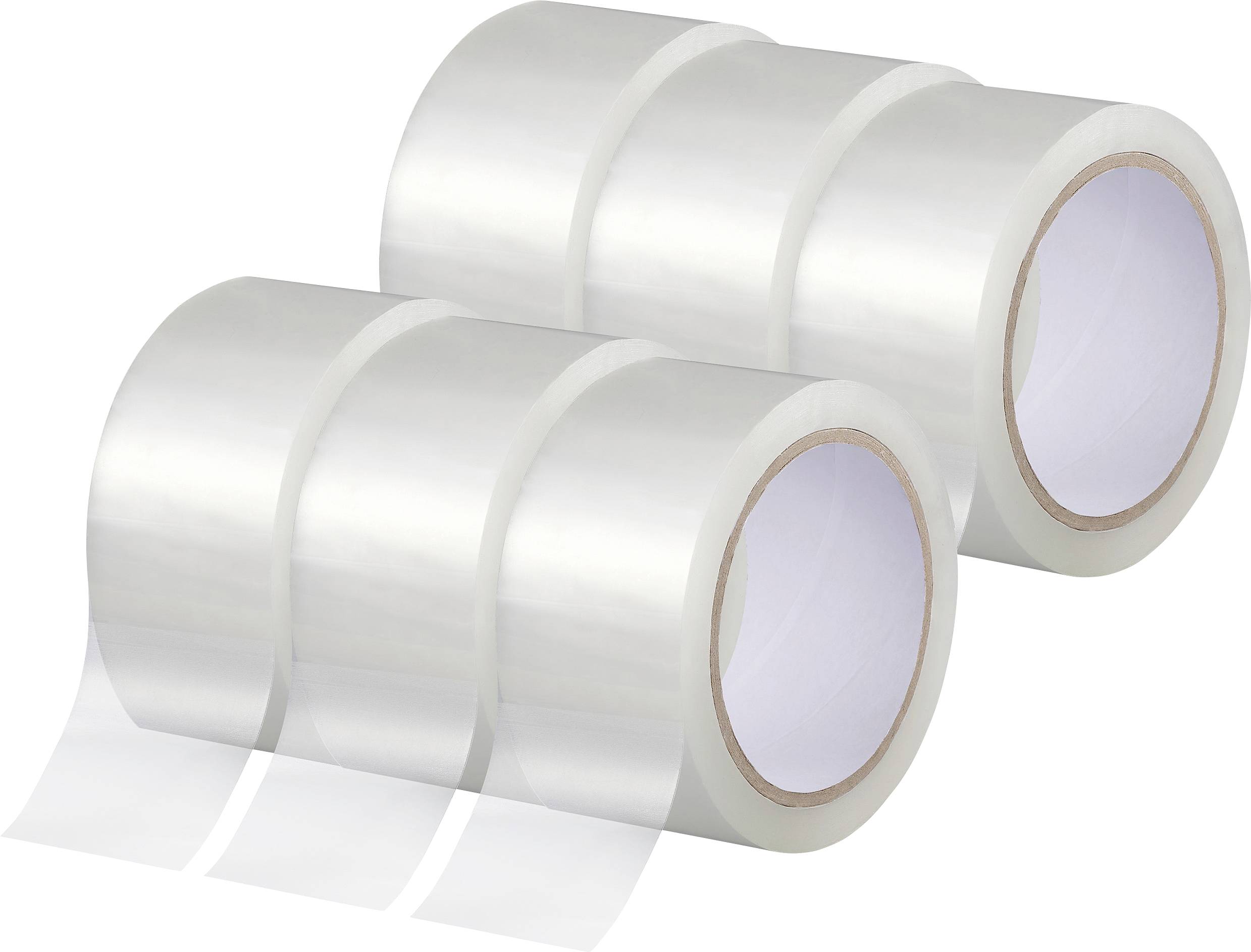 Drei Rollen transparentes Klebeband, übereinander gestapelt, Seitenansicht. Geeignet zum Verpacken und Versiegeln.