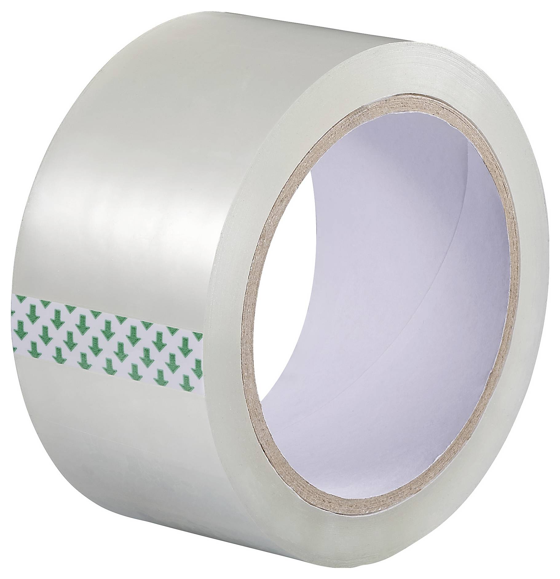 Eine durchsichtige Rolle Klebeband mit einer grünen Pfeilmusterreihe auf der Klebefläche, isoliert vor weißem Hintergrund.