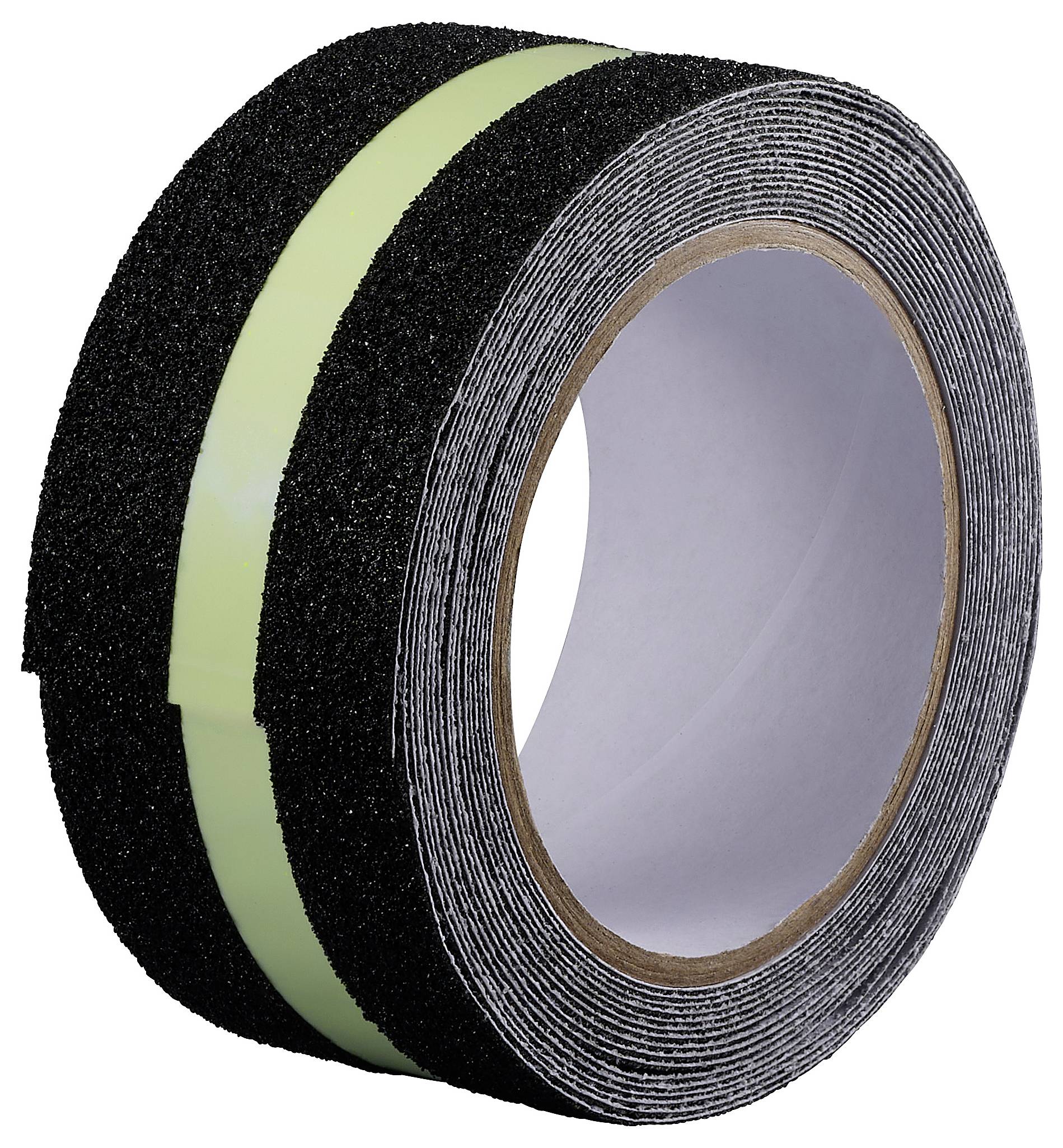 Schwarzes Klebeband mit grünem Streifen in der Mitte, aufgerollt. Hat eine raue Oberfläche für verbesserte Griffigkeit.