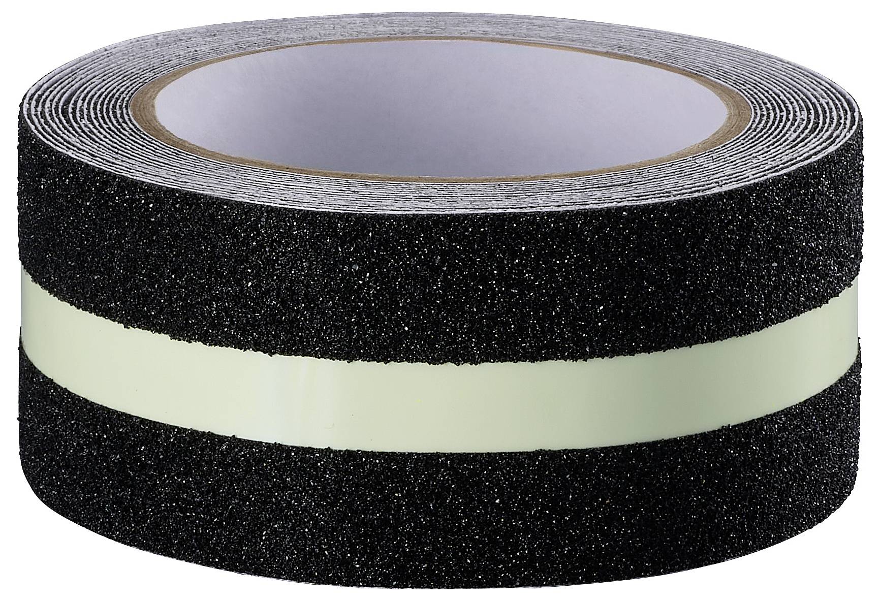 Eine Rolle schwarzes Klebeband mit einer fluoreszierenden, hellgrünen Linie in der Mitte.