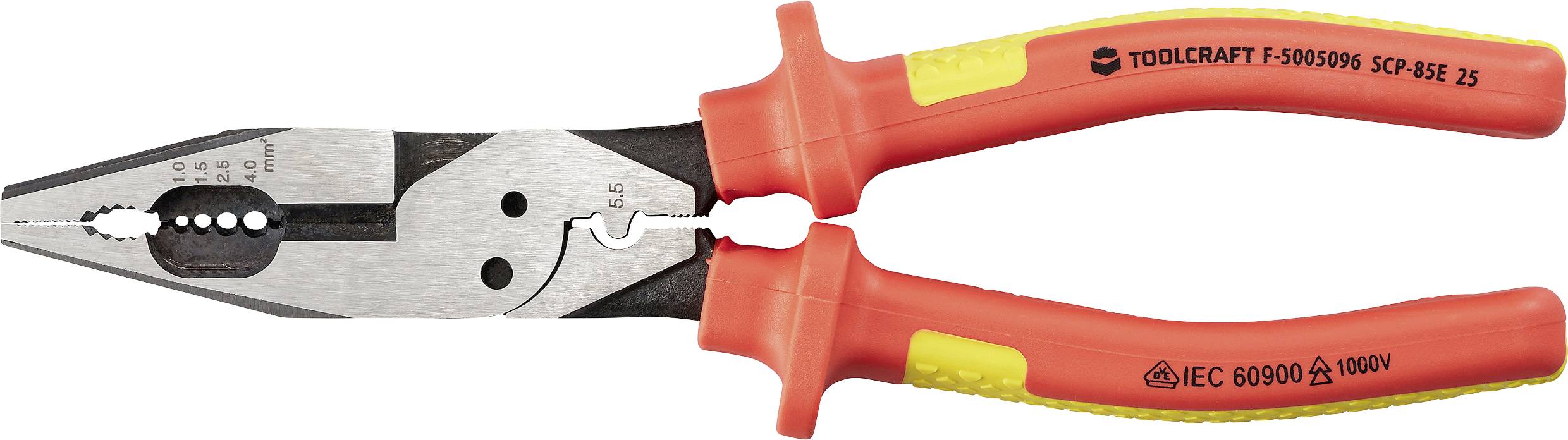 Elektriker-Zange mit roten Griffen, Modellnummer 'F-509909', ausgestattet mit isolierten Griffen für Hochspannungsarbeiten bis zu 1000V.