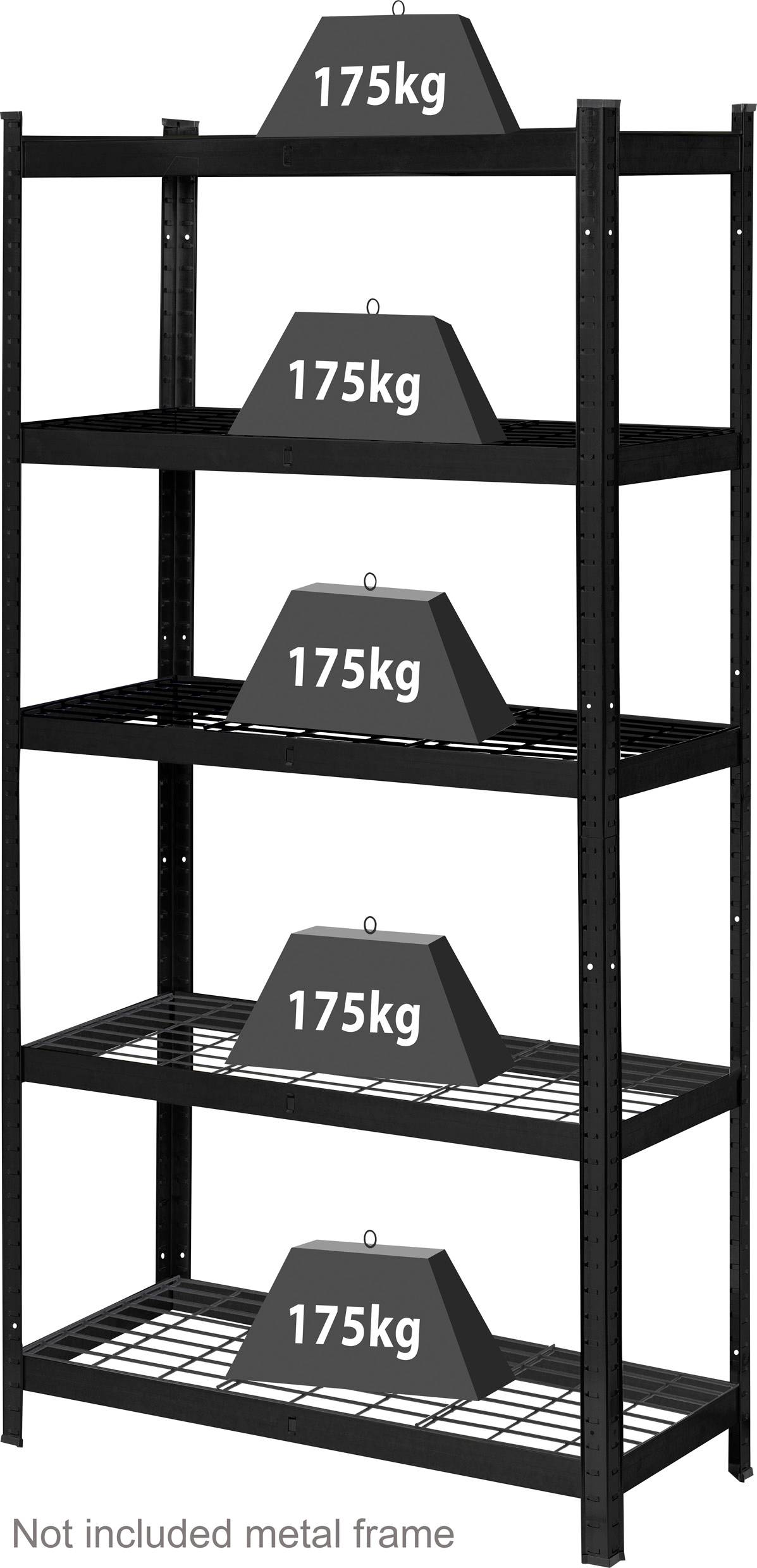 Schwarzes Regal mit vier Ebenen, jede trägt ein Gewicht von 175 kg. Hinweis unten: 'Metallrahmen nicht enthalten'.