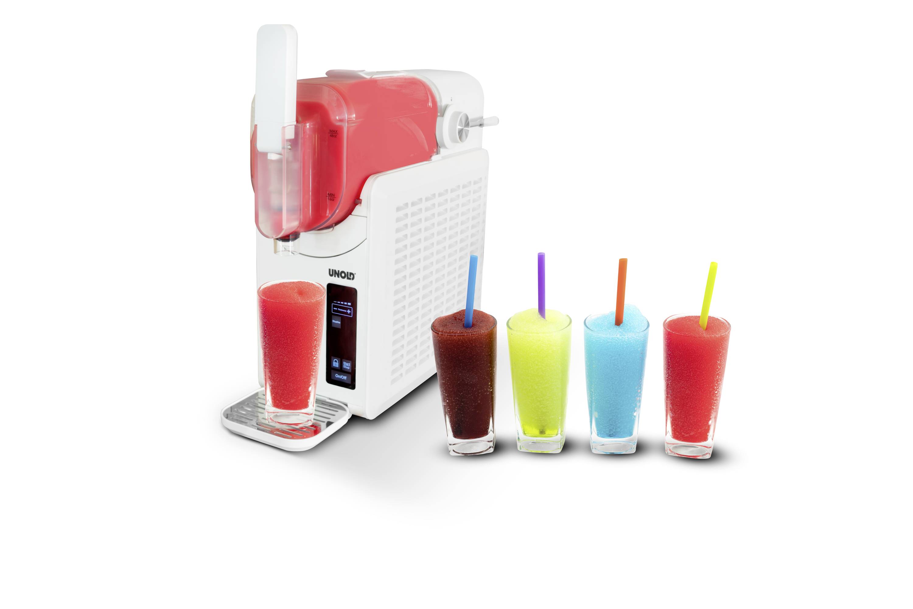 Eine Slushie-Maschine mit vier Gläsern unterschiedlicher Farbe gefüllt mit Slushie-Getränken, jeweils bunt gefärbt.
