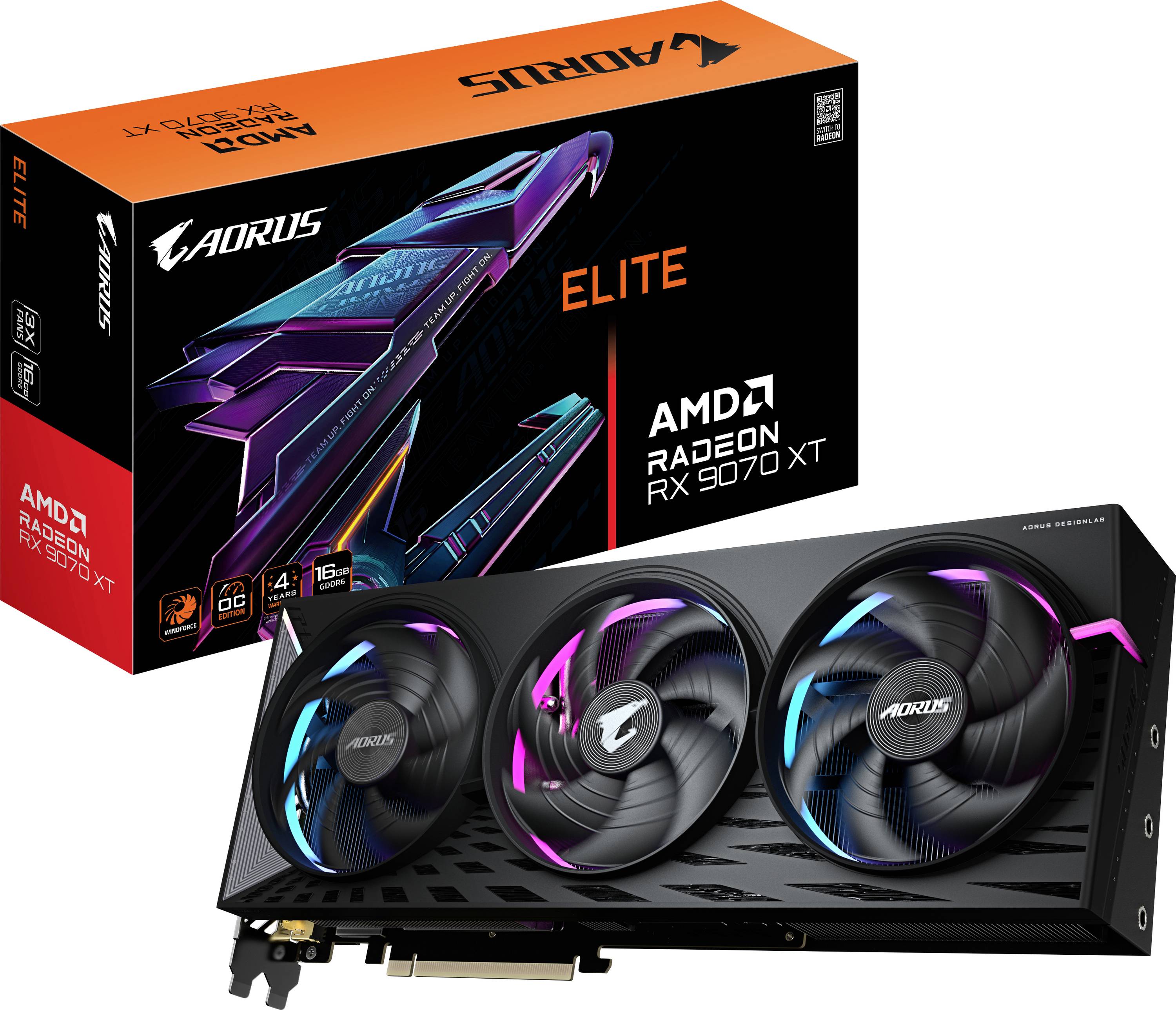 Grafikkarte AORUS Radeon RX 7900 XT Elite, schwarze Lüfter mit RGB-Beleuchtung, Verpackung im Hintergrund, AMD-Logo sichtbar.