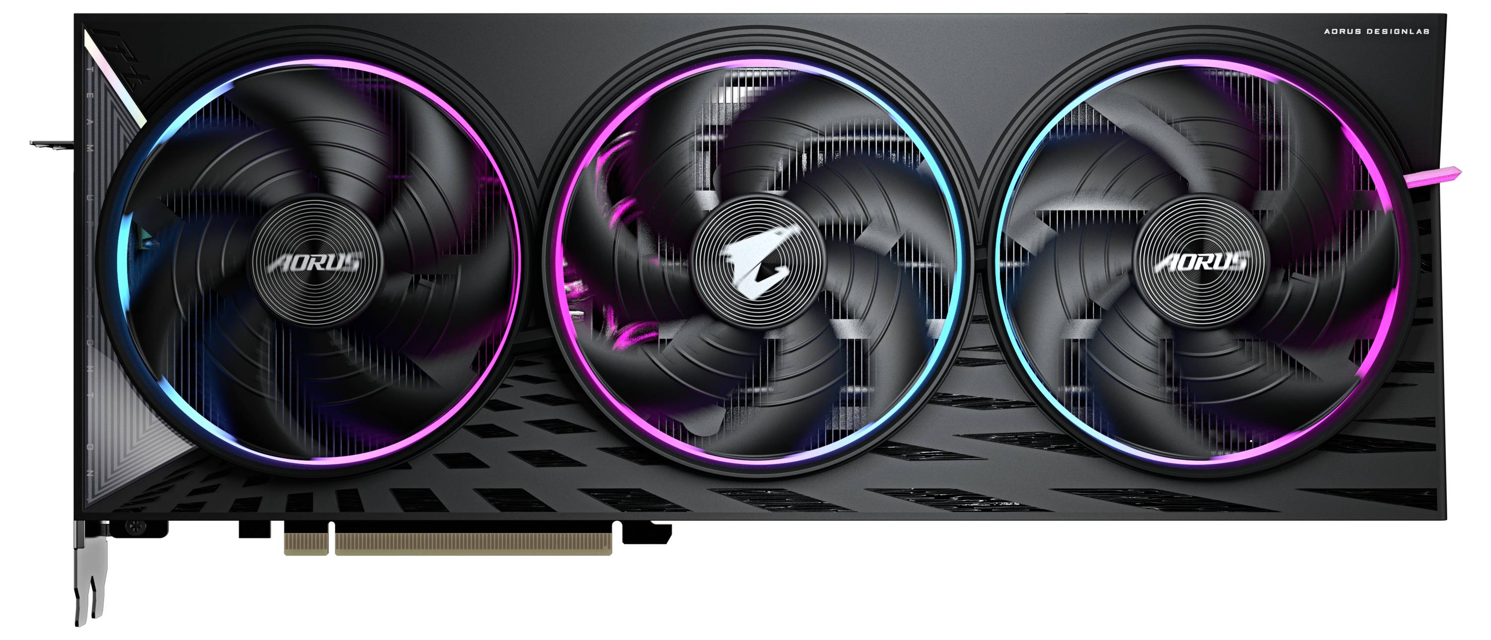 Dreifacher Lüfter einer Grafikkarte mit RGB-Beleuchtung und dem Markenlogo in der Mitte jedes Lüfters. Schwarzes Design.