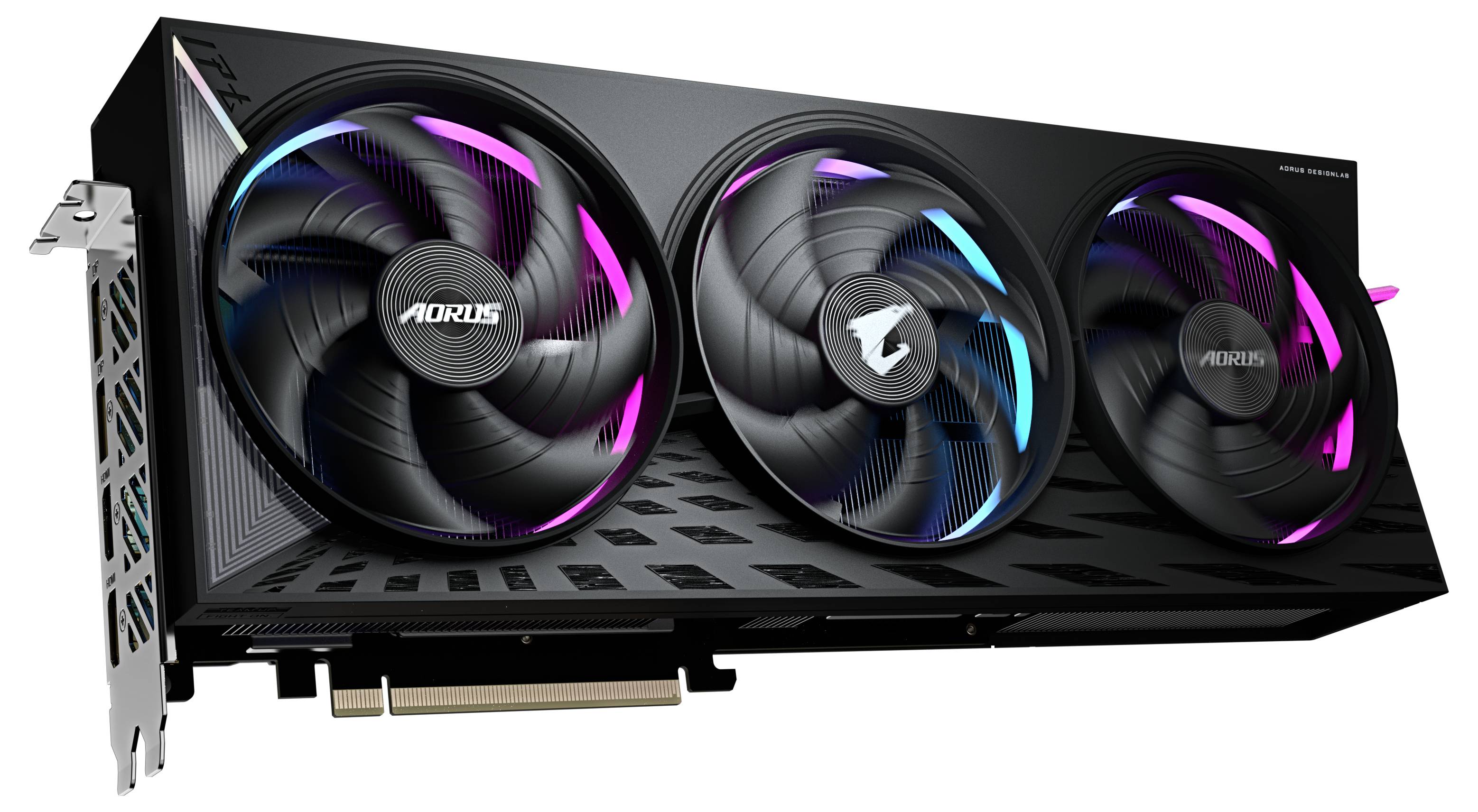 Drei-lüftige Grafikkarte mit RGB-Beleuchtung. Designed für Hochleistungs-PCs, schwarz mit futuristischem Design.