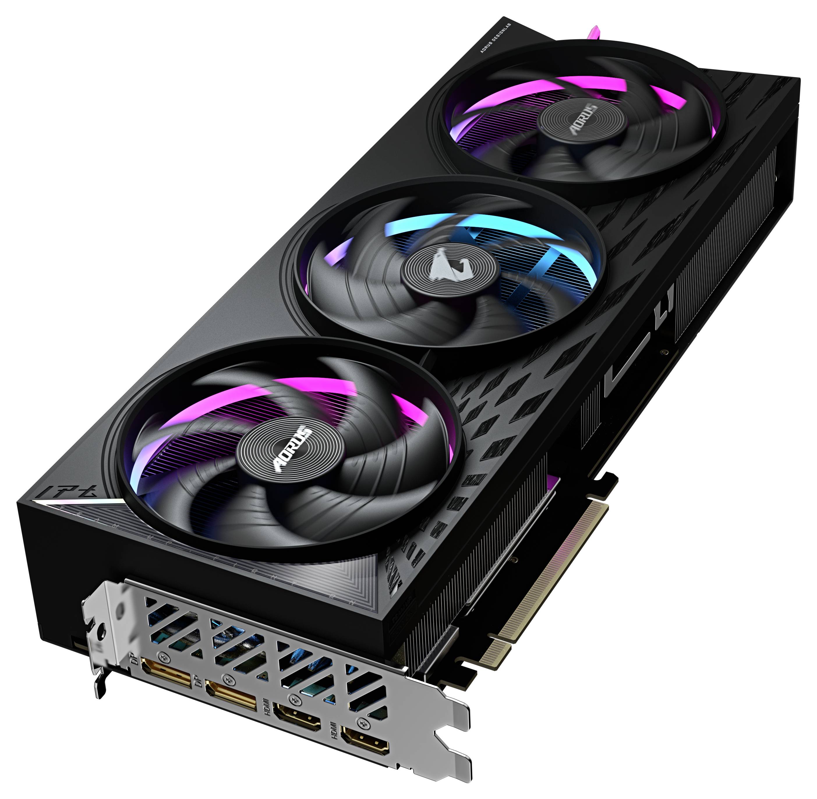 Eine schwarze Grafikkarte mit drei großen Lüftern, markiert mit 'AORUS'. Sie hat mehrere Anschlüsse auf der Rückseite.