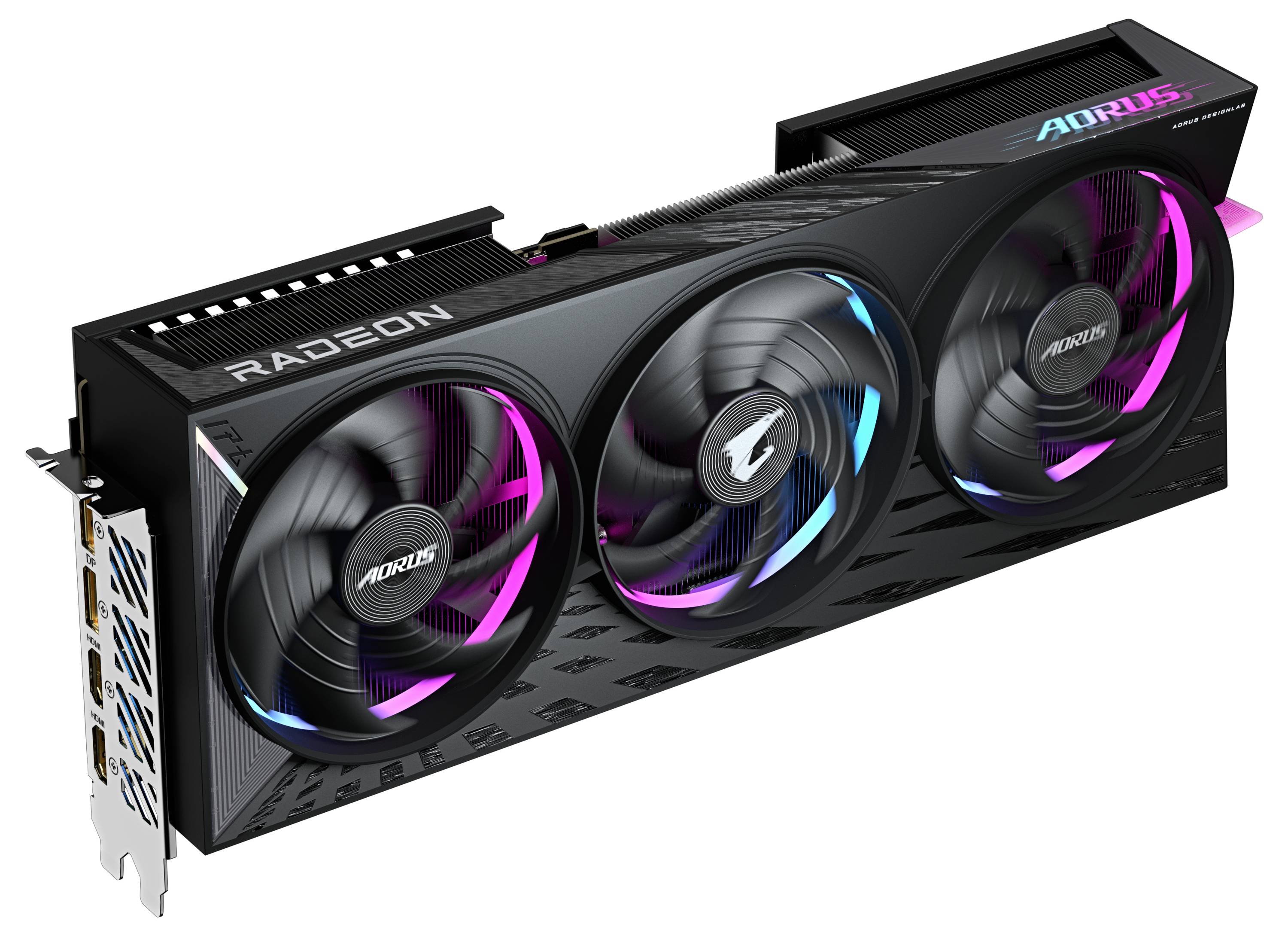 Grafikkarte mit drei Lüftern und RGB-Beleuchtung, Teil der Aorus-Serie, mit mehreren Anschlüssen für Display- und Stromkabel.