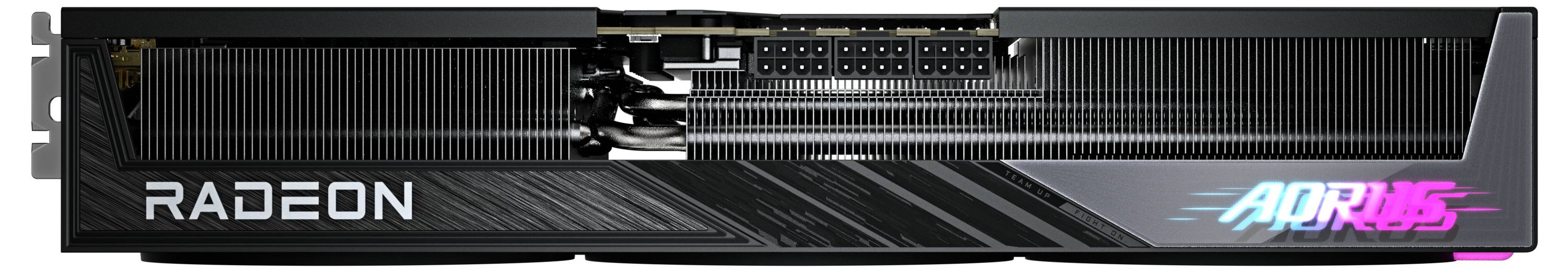 Grafikkarte mit der Aufschrift 'Radeon' und 'AORUS', zeigt eine schwarze Kühlrippenstruktur und LED-Beleuchtungselemente.