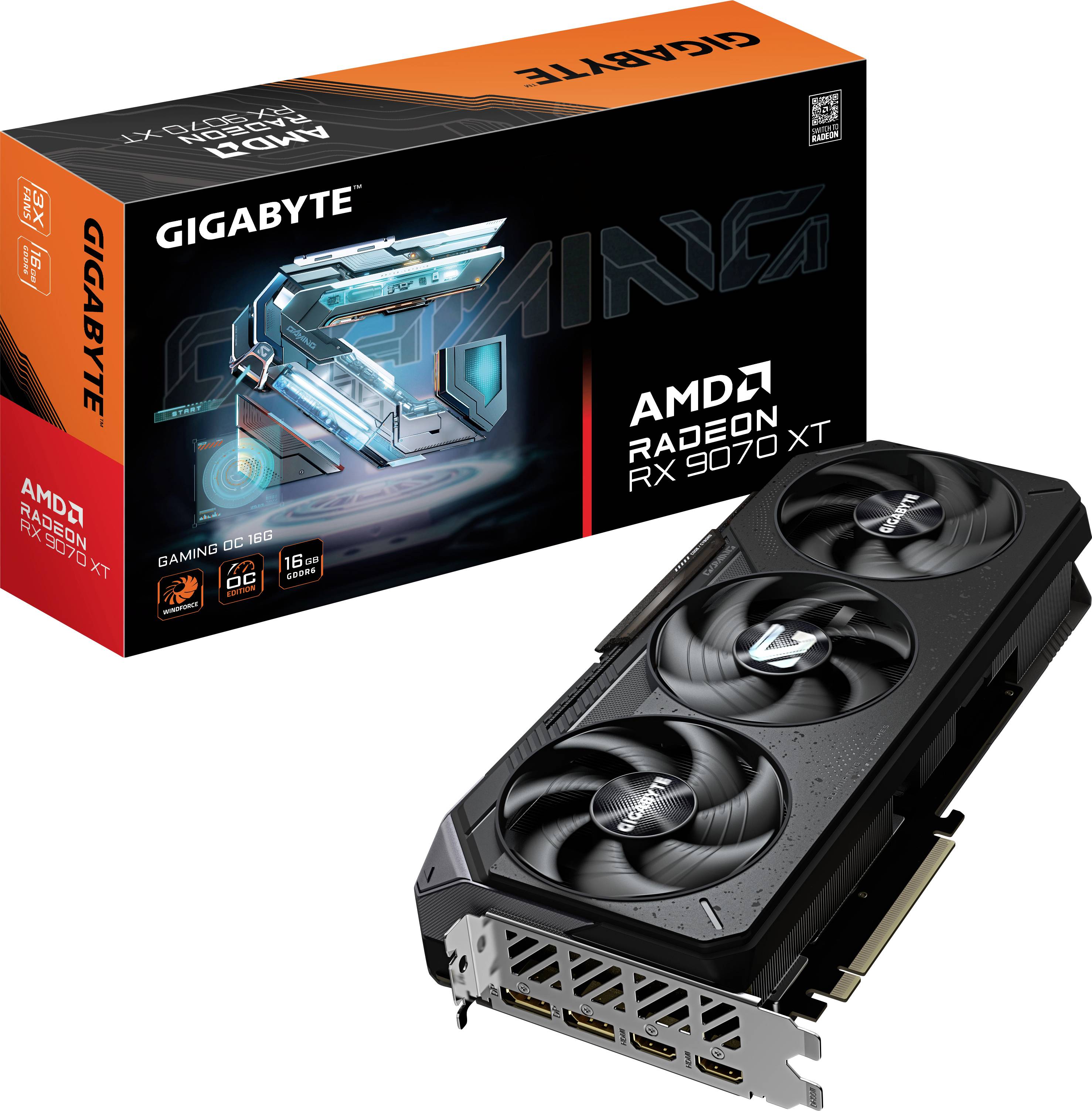 Grafikkartenverpackung der Marke Gigabyte mit AMD Radeon RX 7900 XT Grafikkarte, 16 GB Speicher, drei Lüfter, PCIe-Anschluss.