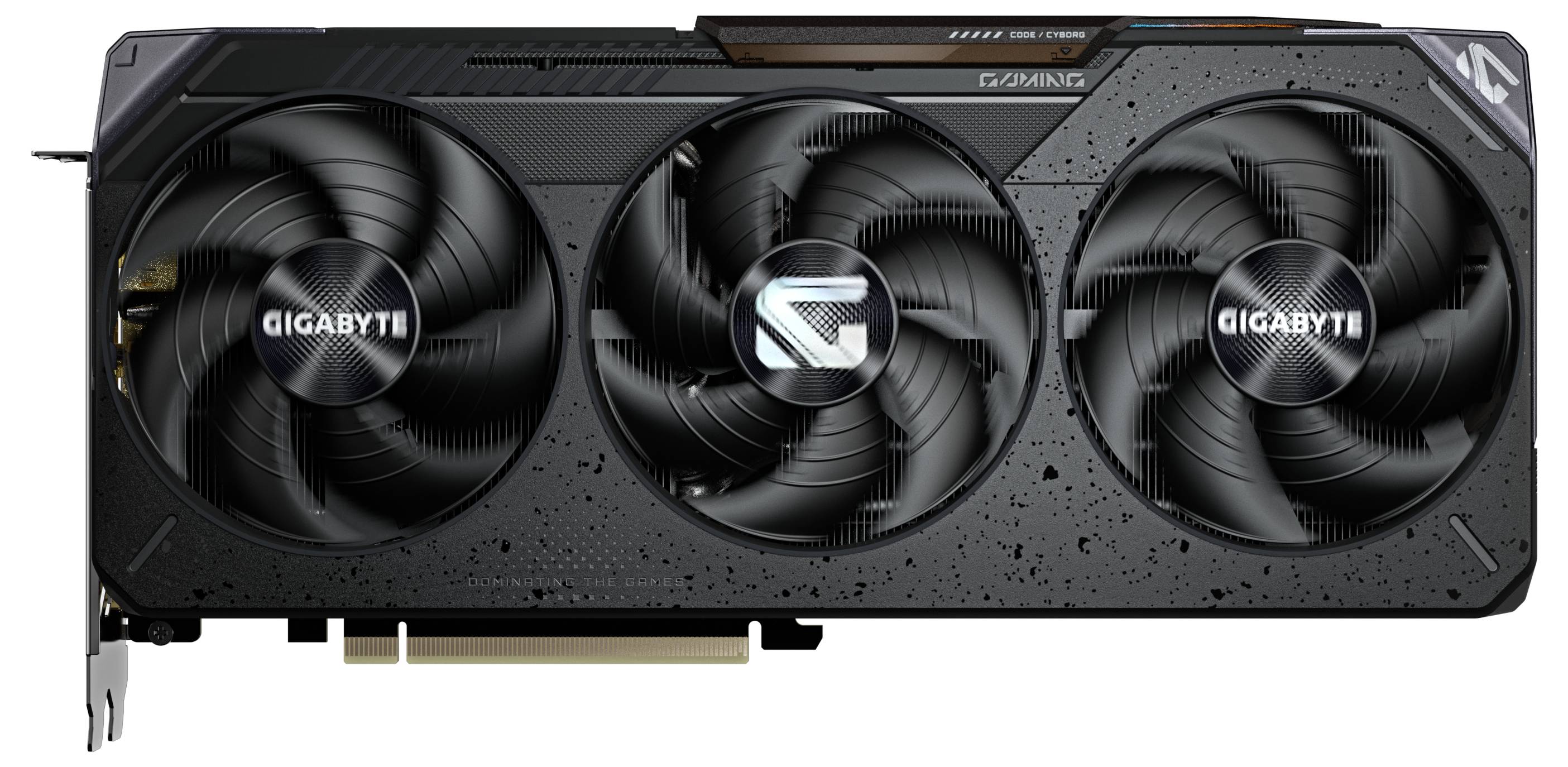 Eine Grafikkarte mit drei Lüftern, markiert mit 'Gigabyte' und einem stilisierten Logo in der Mitte.