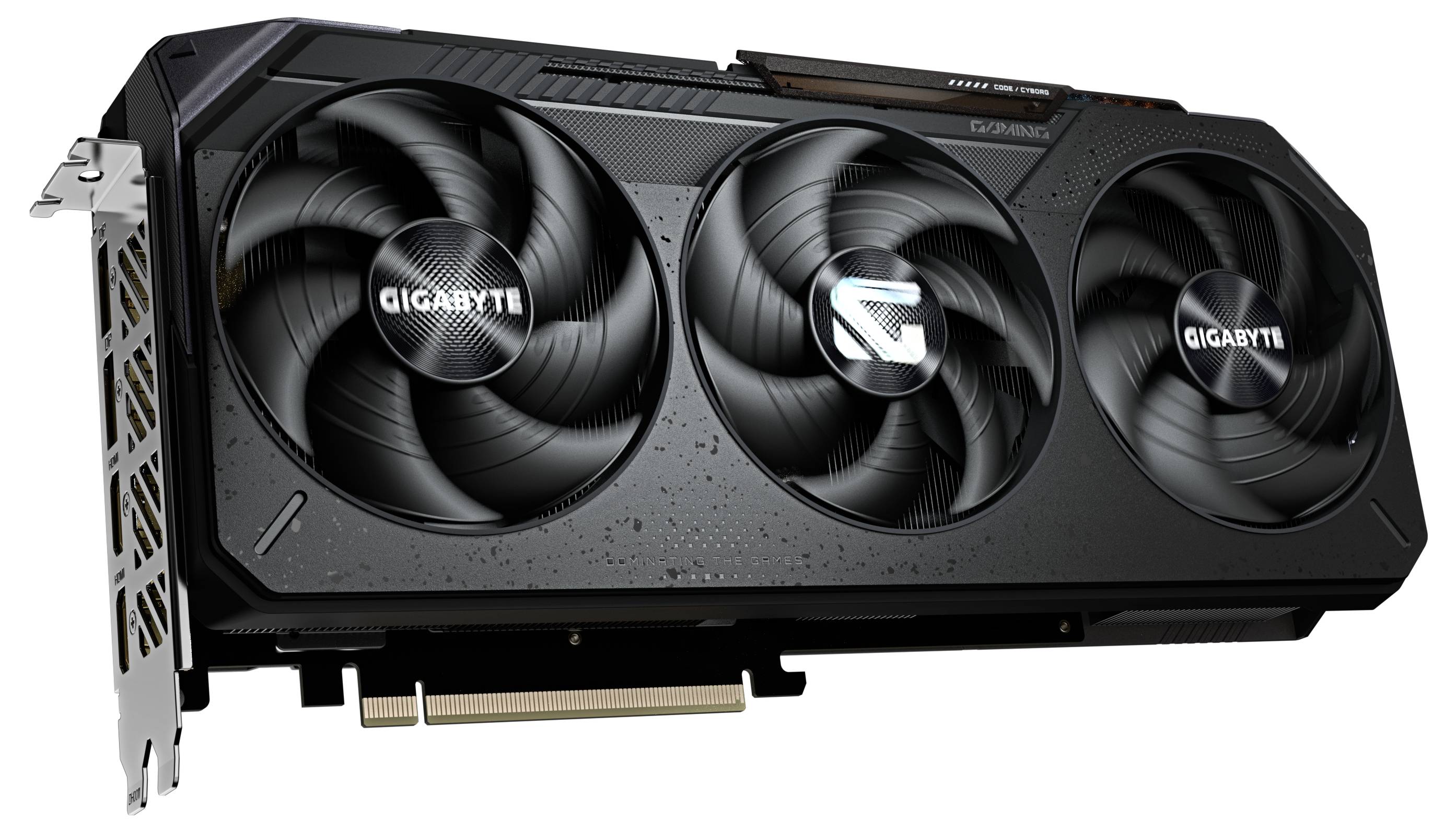 Eine schwarze Grafikkarte von Gigabyte mit drei Lüftern, die für Hochleistungsgrafik in Computern verwendet wird.