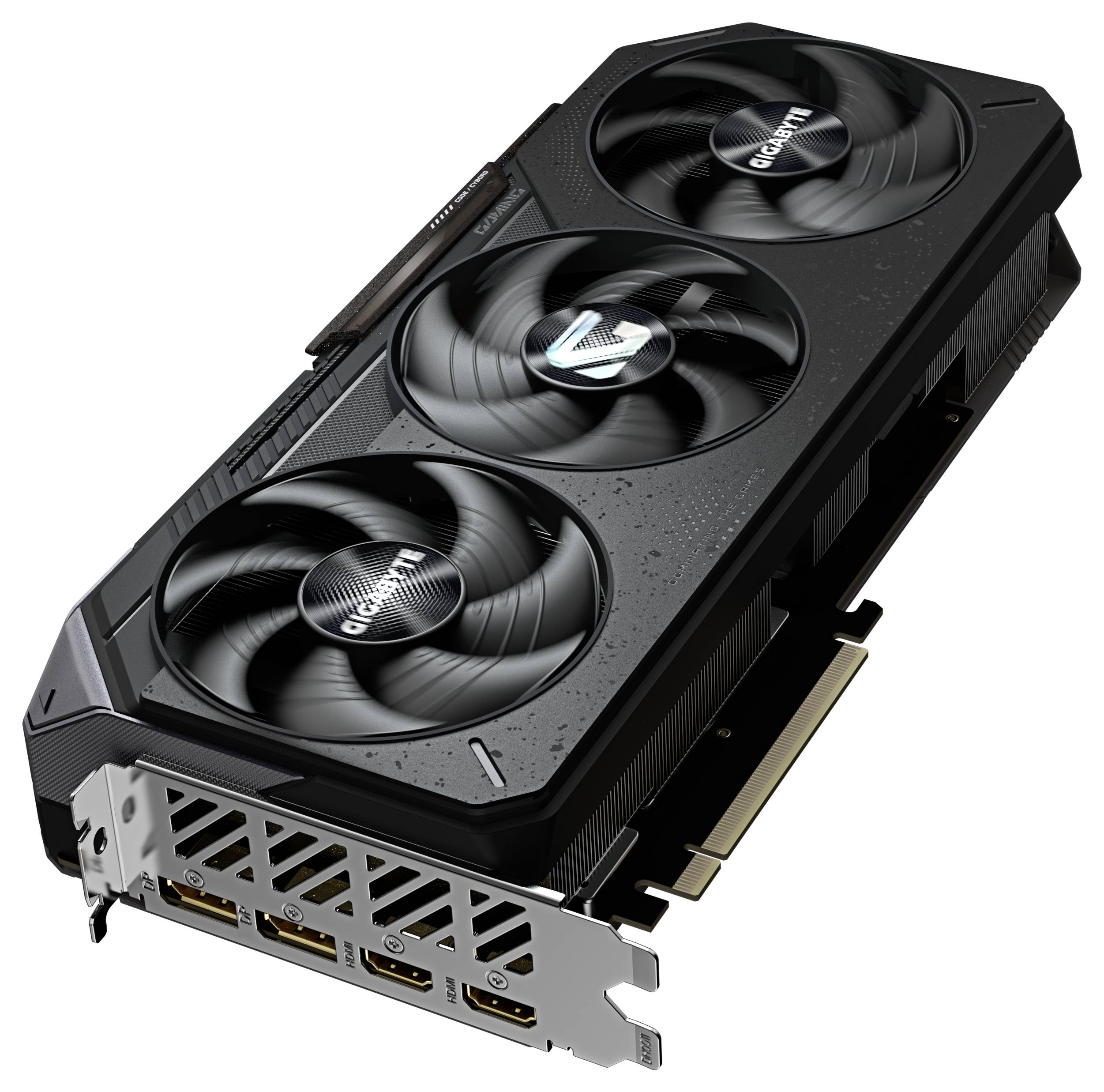 Schwarze Grafikkarte mit drei Lüftern, Markenname 'Gigabyte' sichtbar. Vorderseite zeigt Anschlussports.
