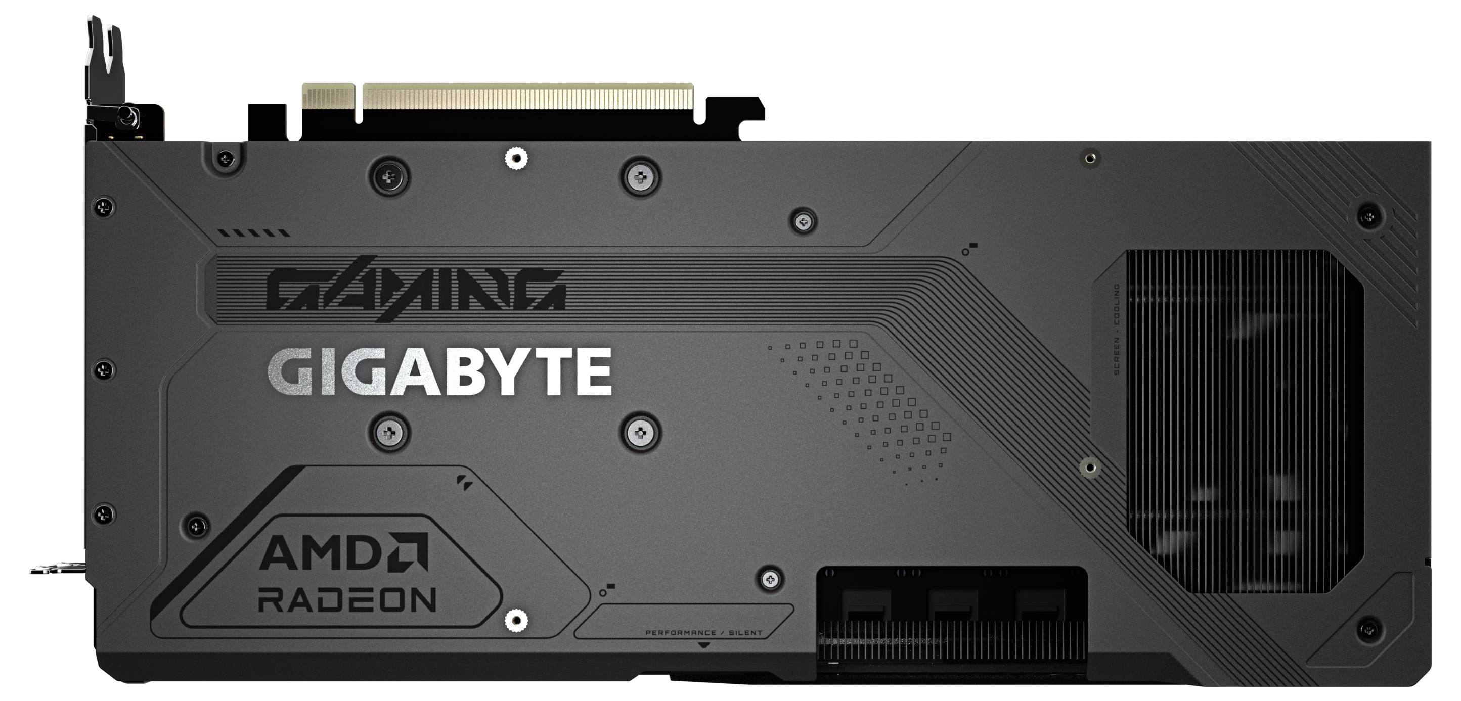 Grafikkarte von Gigabyte mit AMD Radeon-Technologie, schwarzes Design, Lüfter und Kühlrippen sichtbar, geeignet für Gaming.