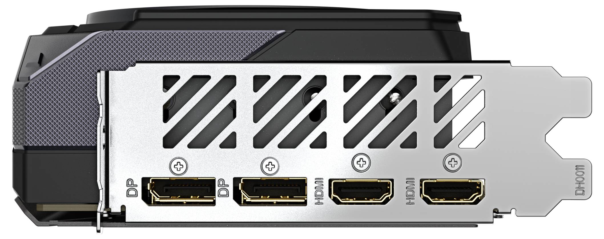 Grafikkarte mit drei DisplayPort- und einem HDMI-Anschluss, seitliche Ansicht der Anschlussleiste. Schwarzes und silbernes Design.