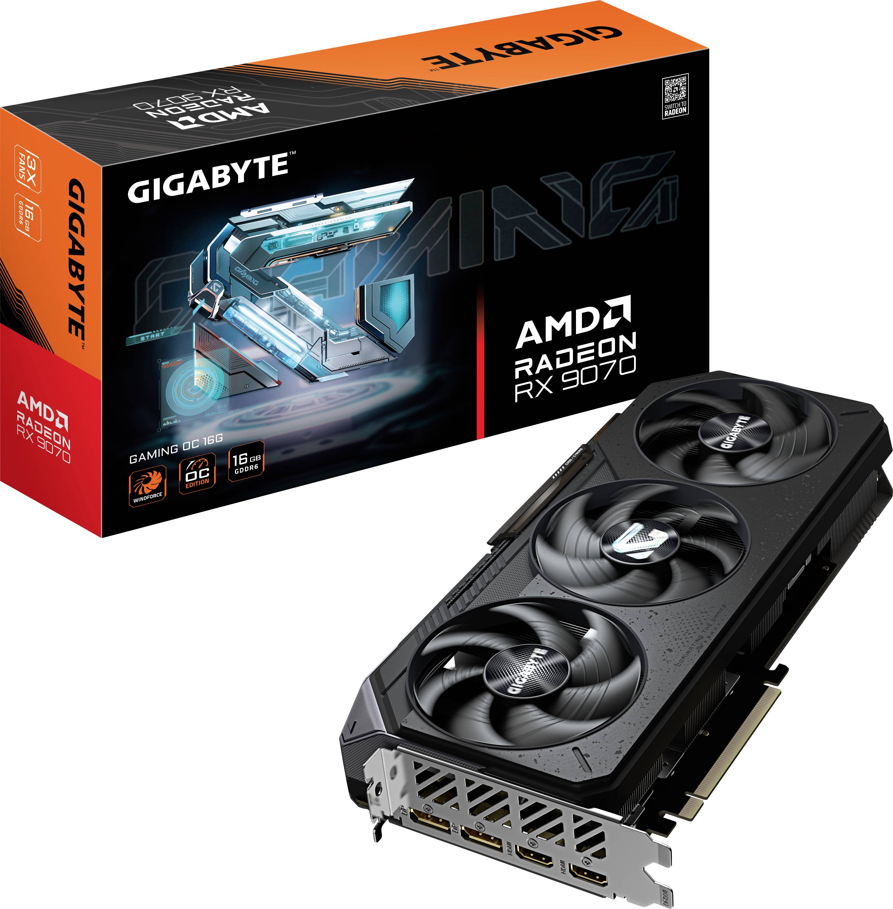 Grafikkarte Gigabyte Radeon RX 7070 mit drei Lüftern. Verpackung zeigt Produktgrafik und enthält Spezifikationen wie '16GB' Speicher.