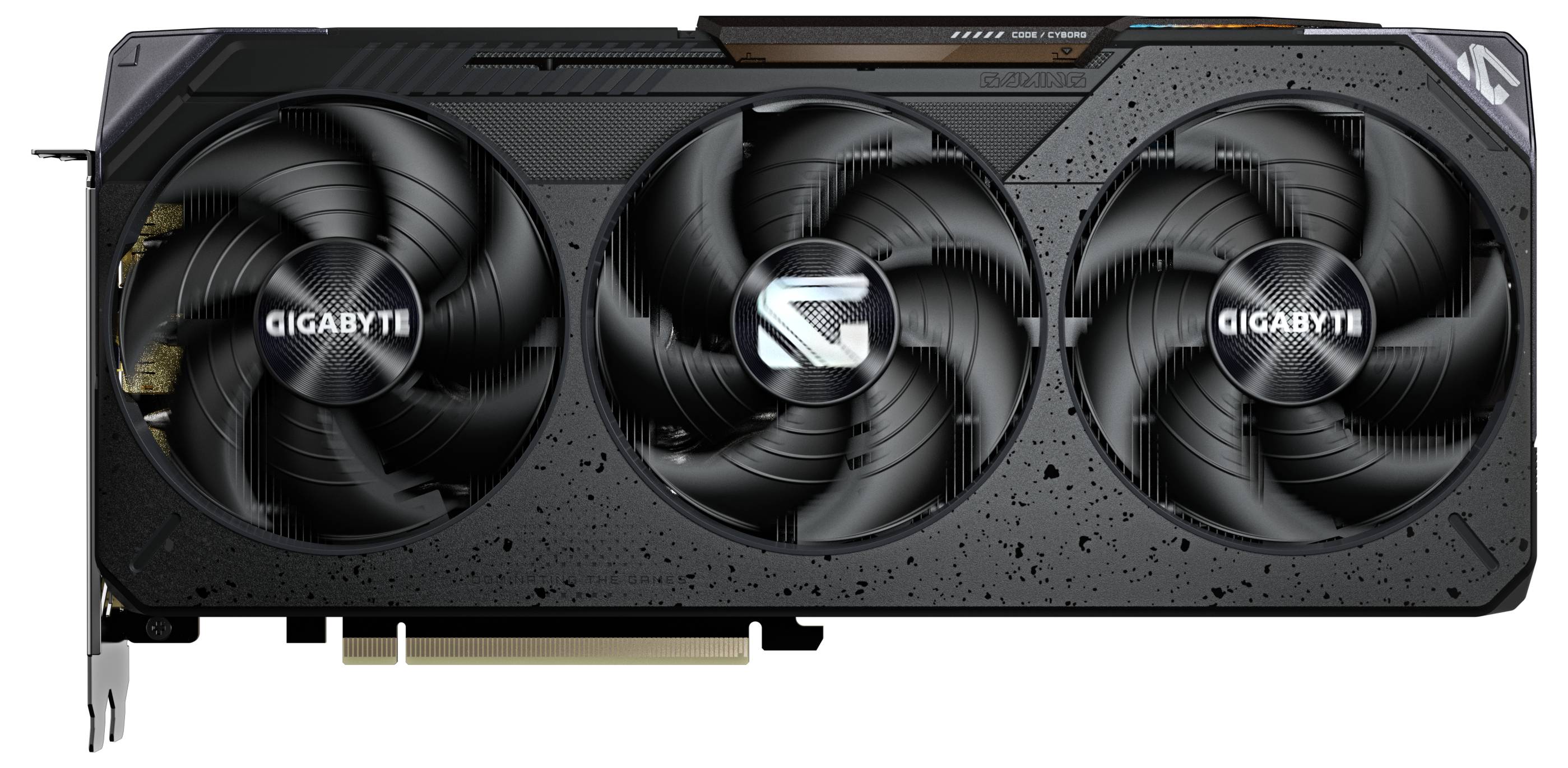 Eine Gigabyte-Grafikkarte mit drei Lüftern und einem PCIe-Anschluss. Ideal für leistungsstarke Gaming- und Grafikbearbeitung.