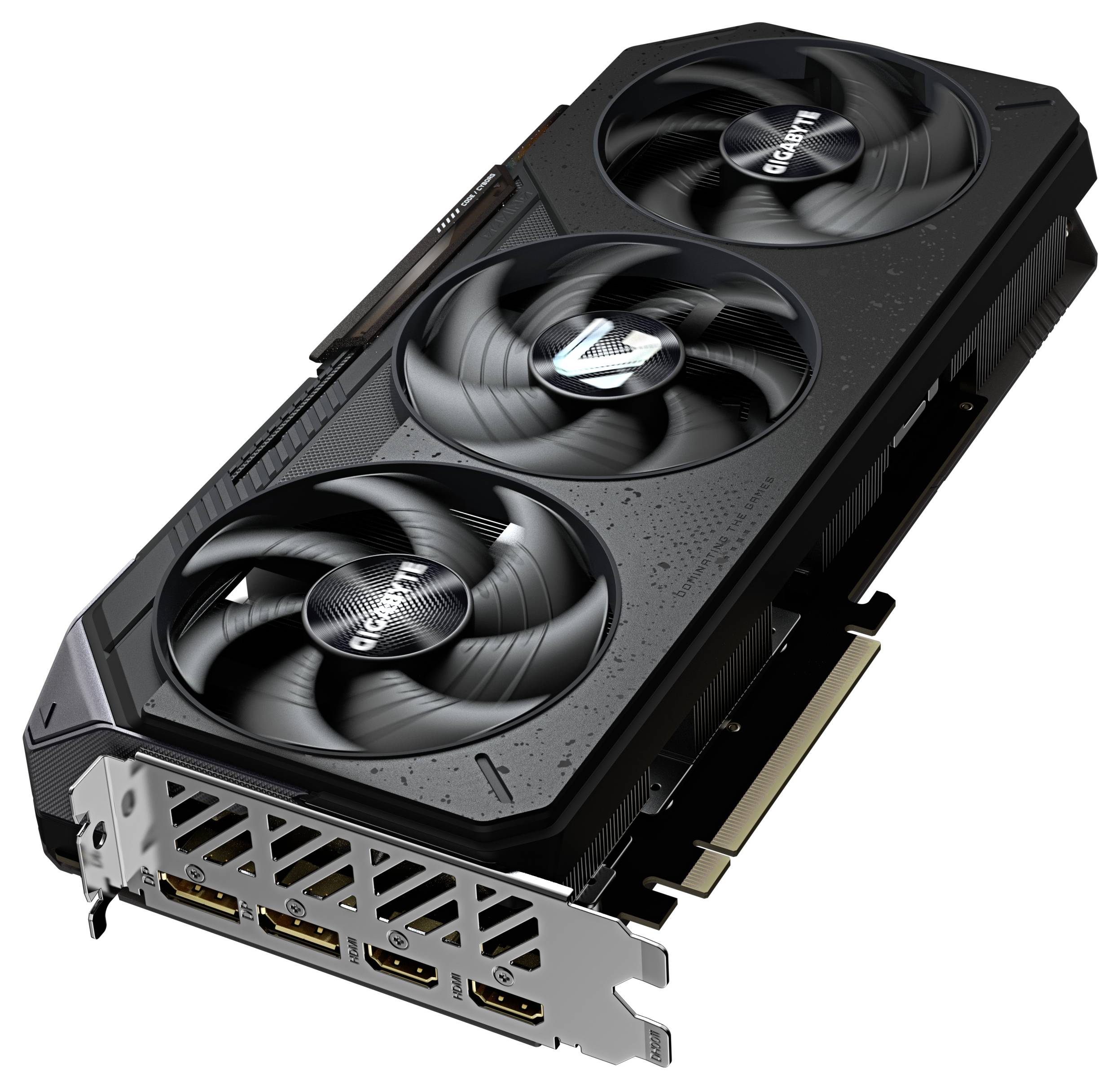 Gigabyte Grafikkarte mit drei Lüftern, schwarzes Gehäuse und mehreren Anschlussmöglichkeiten.