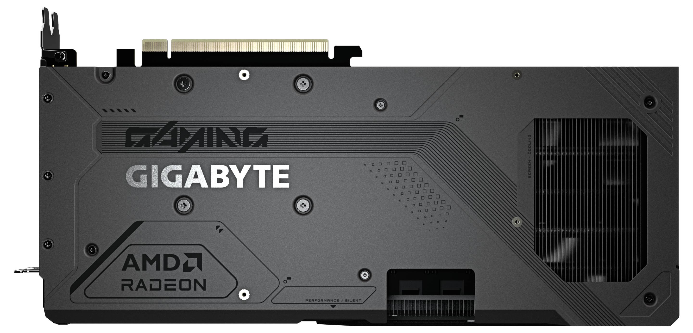 Eine schwarze Gigabyte-Grafikkarte mit Aufschriften 'GAMING', 'GIGABYTE', 'AMD', und 'RADEON'. Lüfter und Anschlüsse sind sichtbar.