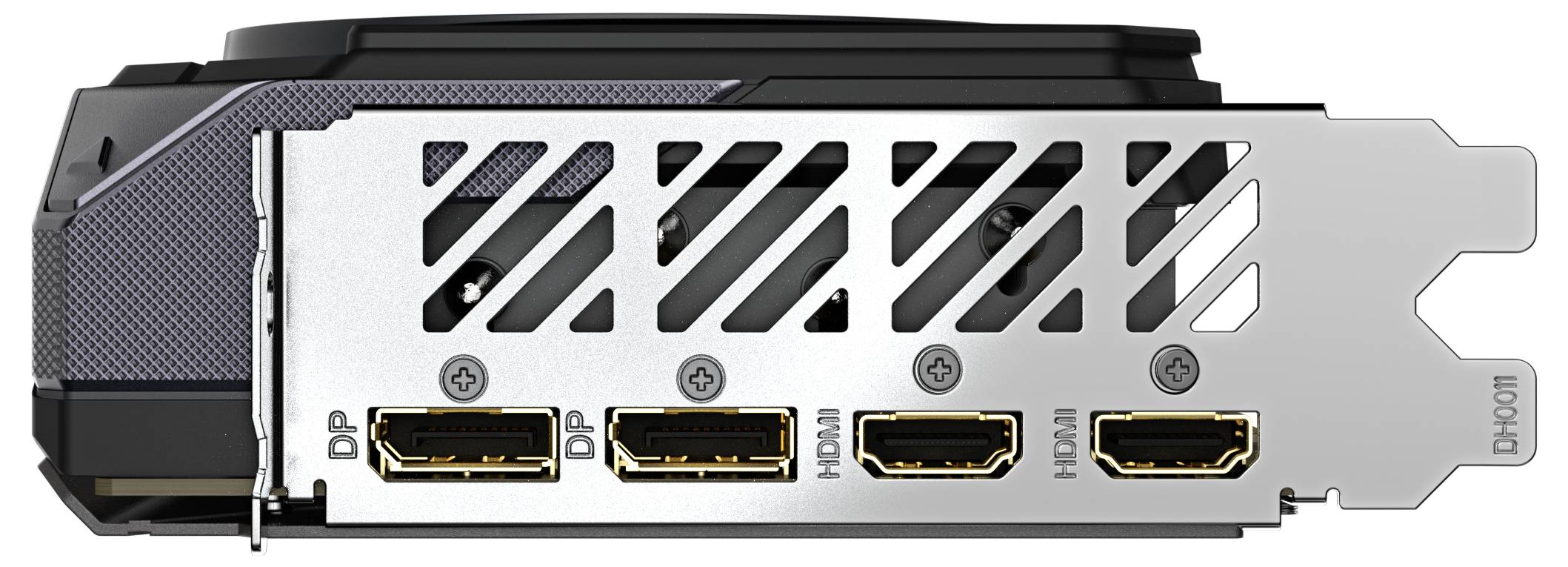 Grafikkartenanschlüsse: Zwei DisplayPorts und zwei HDMI-Ports nebeneinander; Gitterabdeckung für Belüftung.
