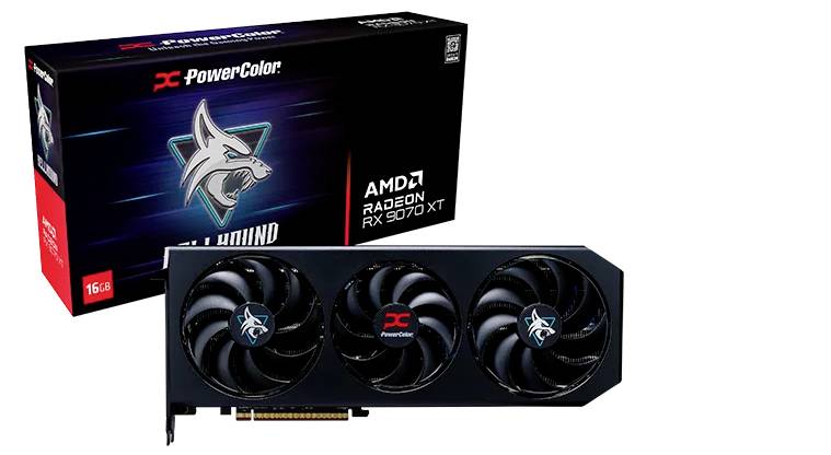 'PowerColor Hellhound AMD Radeon RX 6700 XT Grafikkarte' mit 16 GB VRAM, schwarzes Design, drei Lüfter und Verpackung mit Wolf-Logo.