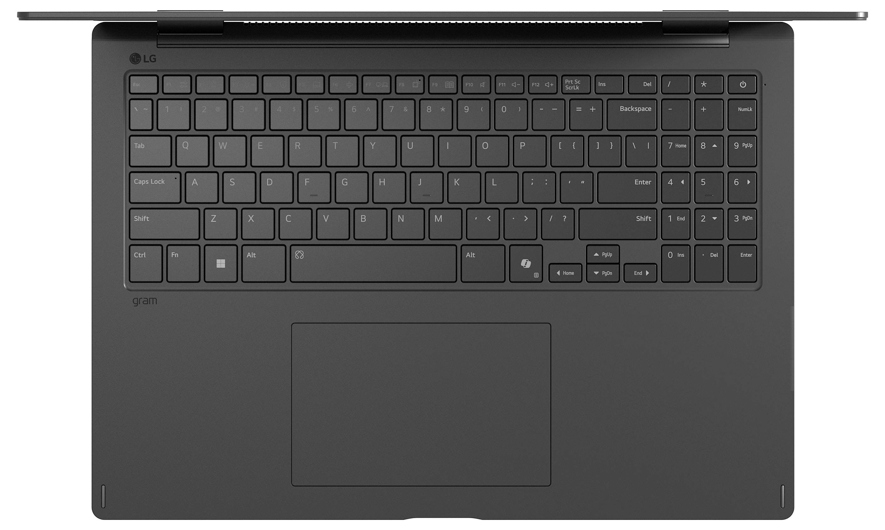 Ein schwarzer Laptop mit vollständiger QWERTZ-Tastatur und großem Touchpad. Die obere Bildschirmkante ist teilweise sichtbar.