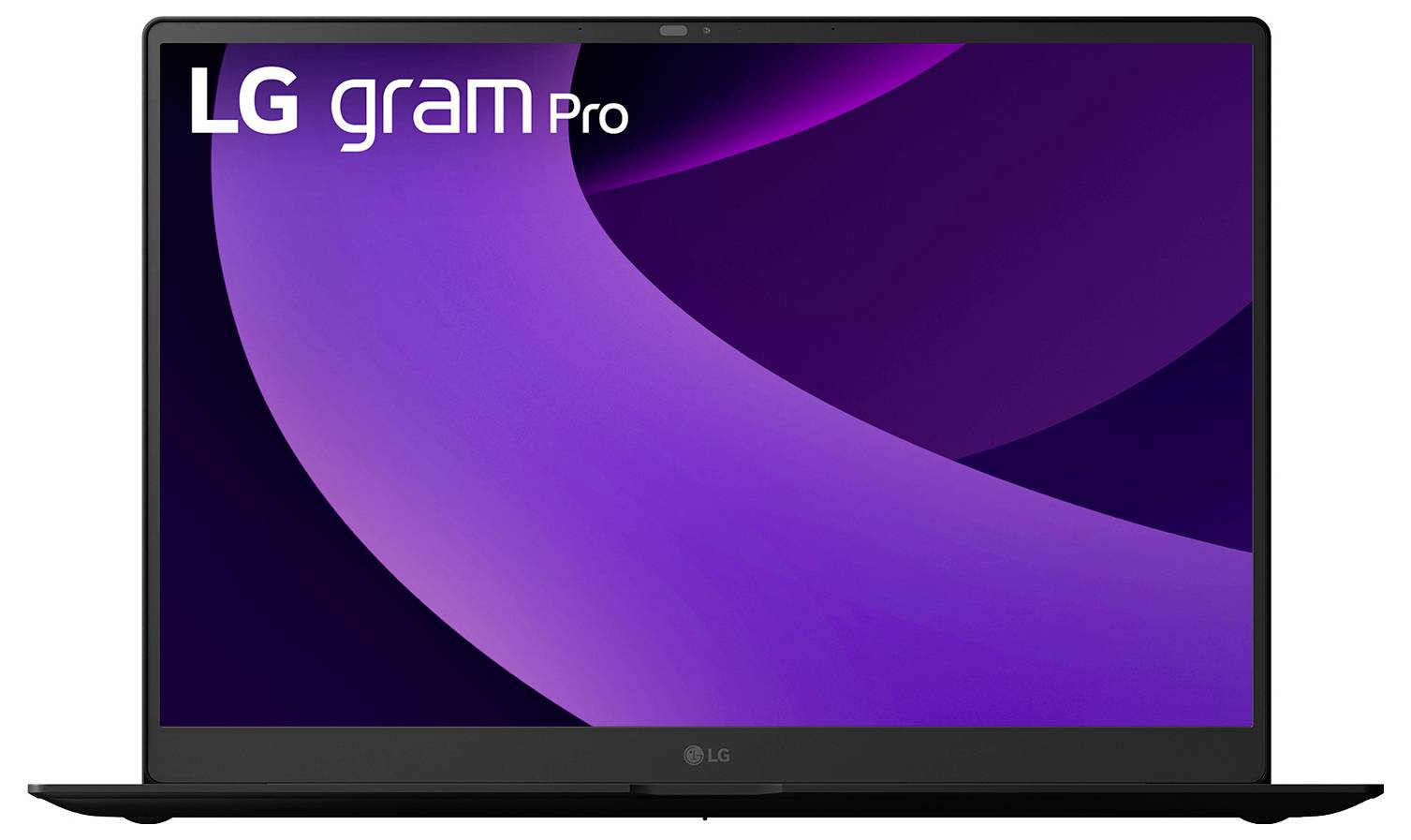 Ein Laptop-Bildschirm zeigt das Logo 'LG gram Pro' vor einem abstrakten, lila Hintergrund.