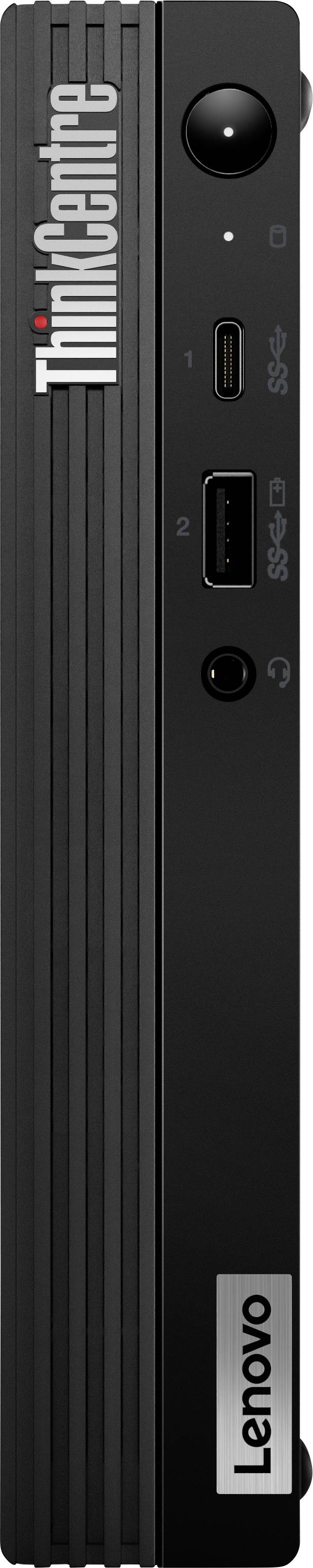 'Lenovo ThinkCentre': Vorderansicht eines kompakten schwarzen Mini-PCs mit USB-Anschlüssen und einem großen Power-Knopf.