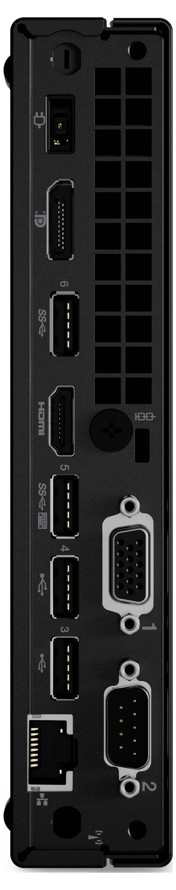 Die Rückseite eines Computers mit verschiedenen Anschlüssen: USB, HDMI, Ethernet, zwei serielle Anschlüsse, zwei DisplayPorts und Audio.