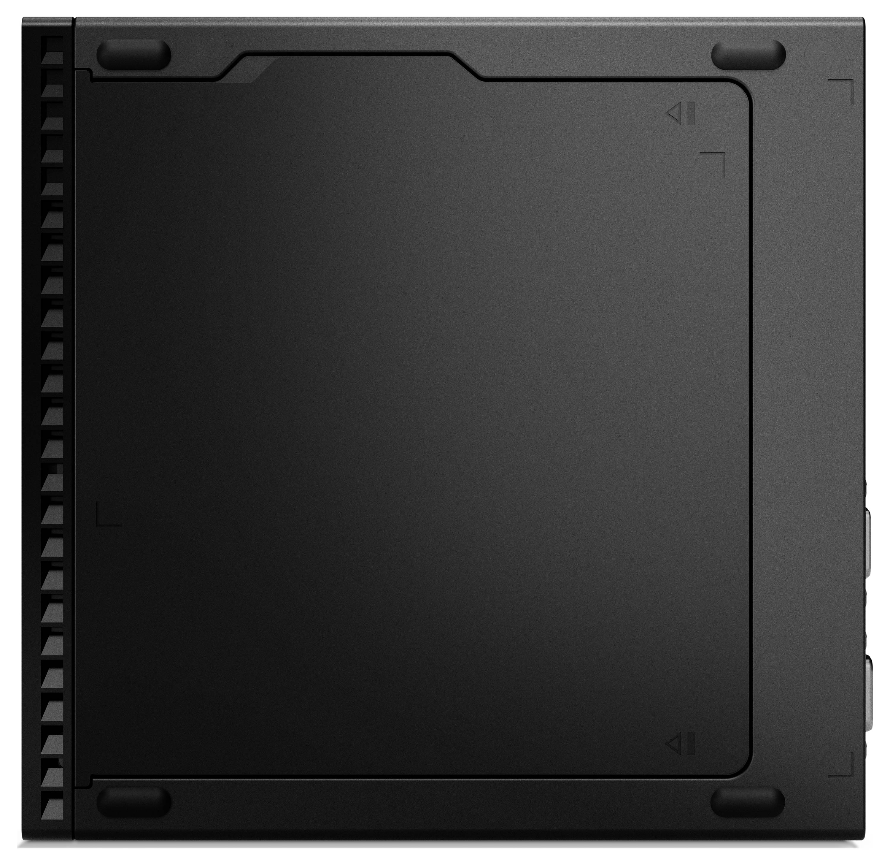 Schwarzes, quadratisches Objekt mit strukturierten Ecken und Lüftungsschlitzen an einer Seite; funktionales, technisches Design.