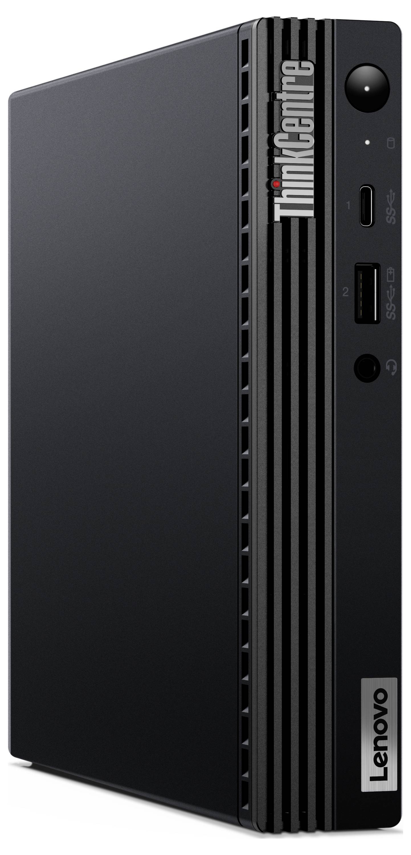 Ein kompakter schwarzer Desktop-Computer der Marke Lenovo ThinkCentre mit mehreren Anschlüssen auf der Vorderseite.