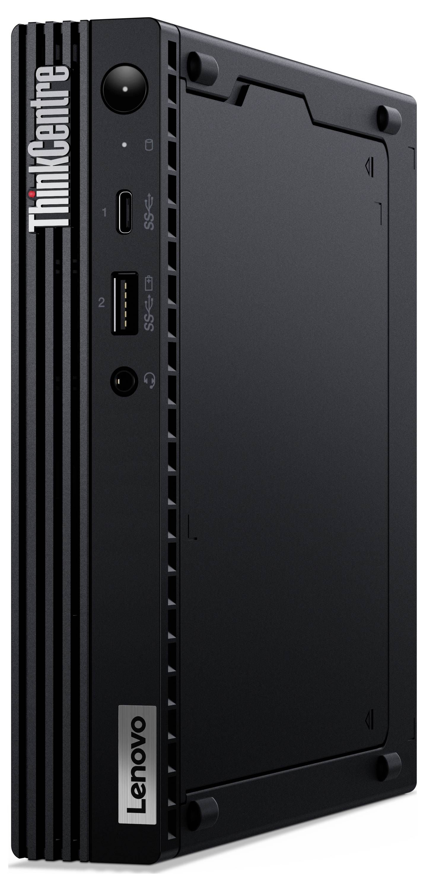 Schwarzer Lenovo ThinkCentre Mini-PC mit vertikalem ThinkCentre-Logo, zeigt mehrere Anschlüsse vorne, geeignet für kompakte Arbeitsplätze.