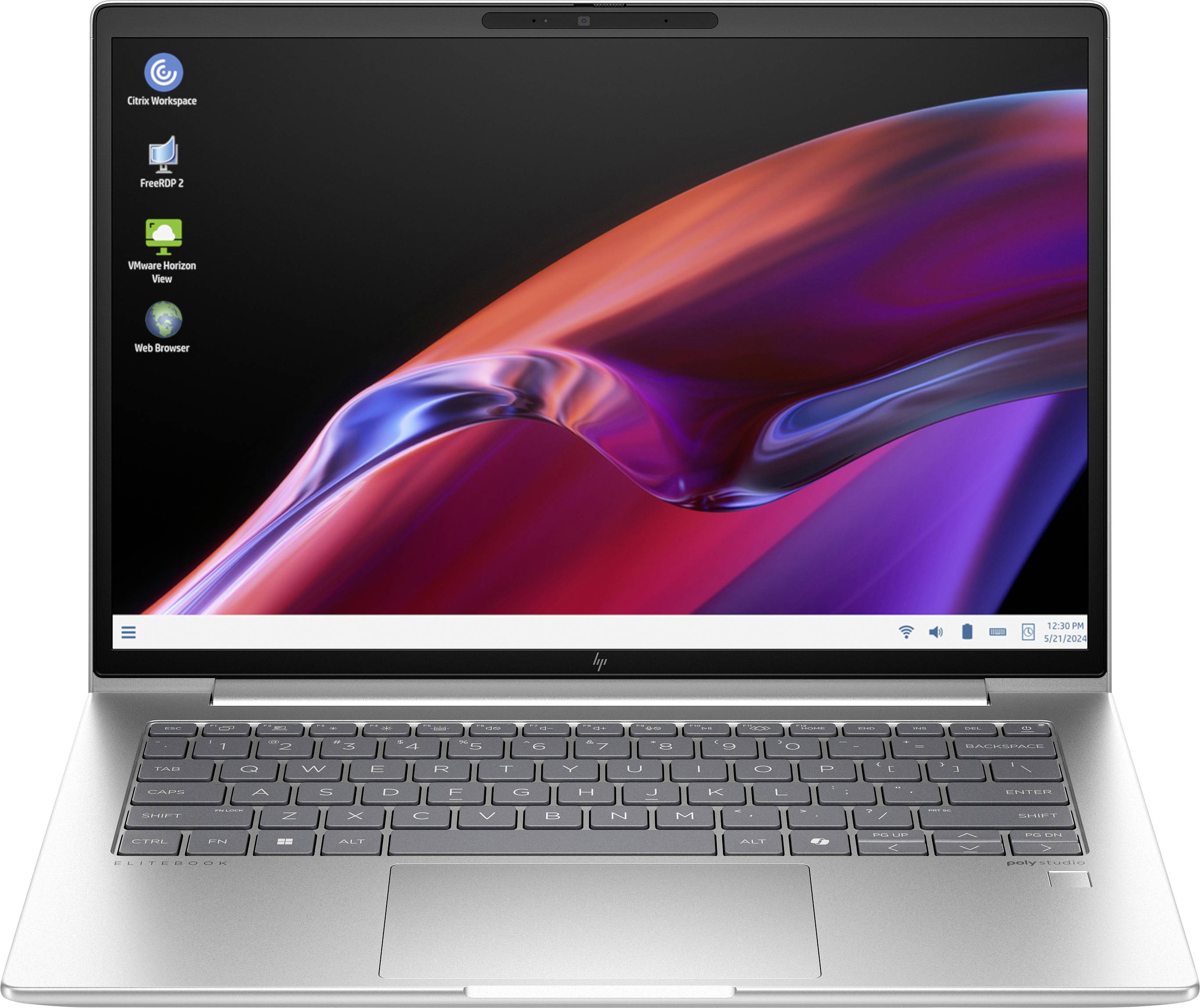 Ein geöffneter Laptop mit grauer Tastatur und Bildschirm zeigt Desktop-Symbole und eine bunte, wellenförmige Hintergrundgrafik.