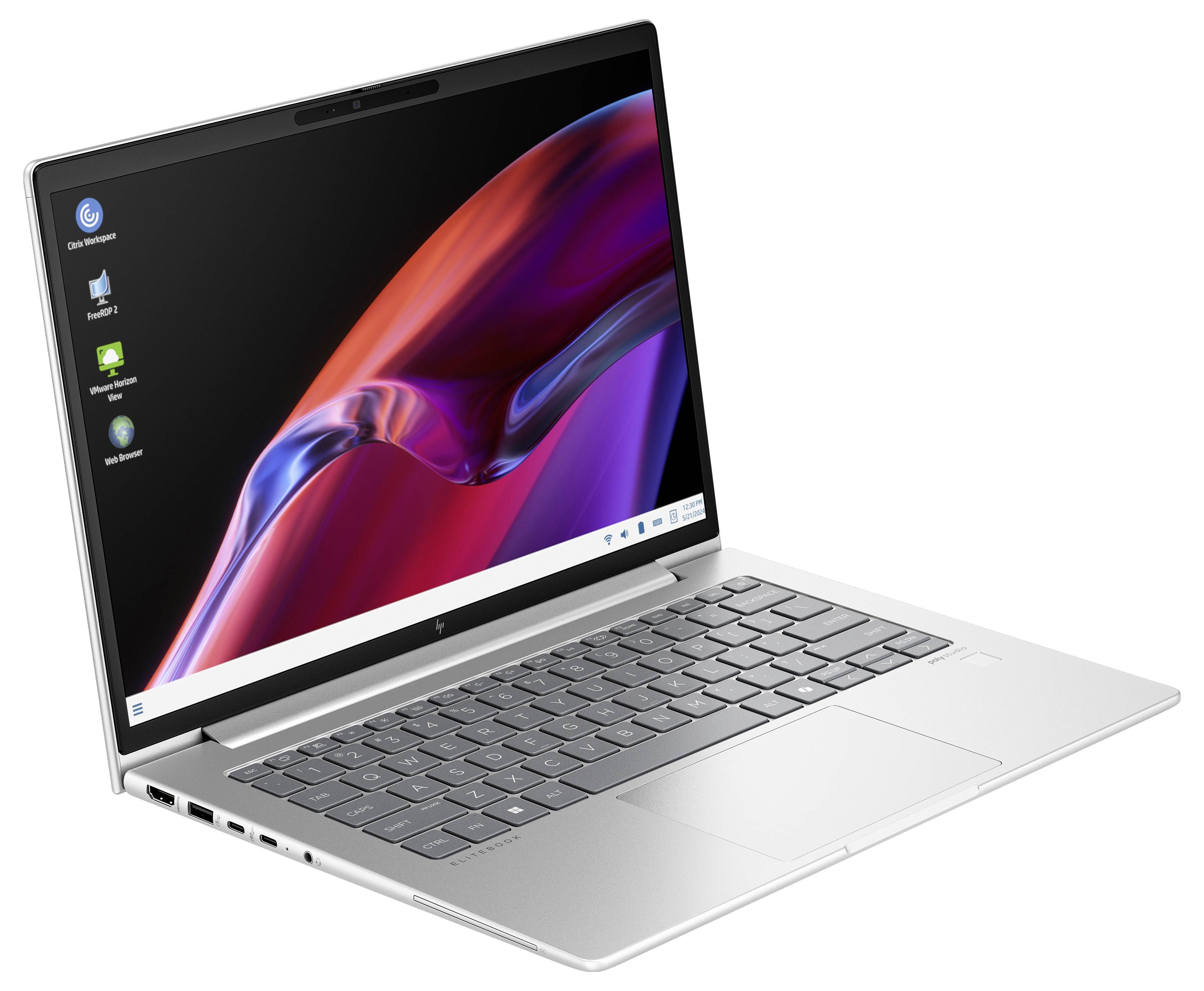 Ein silberner Laptop mit aufgeklapptem Bildschirm zeigt das Startmenü von Windows. Links sind mehrere USB-Anschlüsse erkennbar.