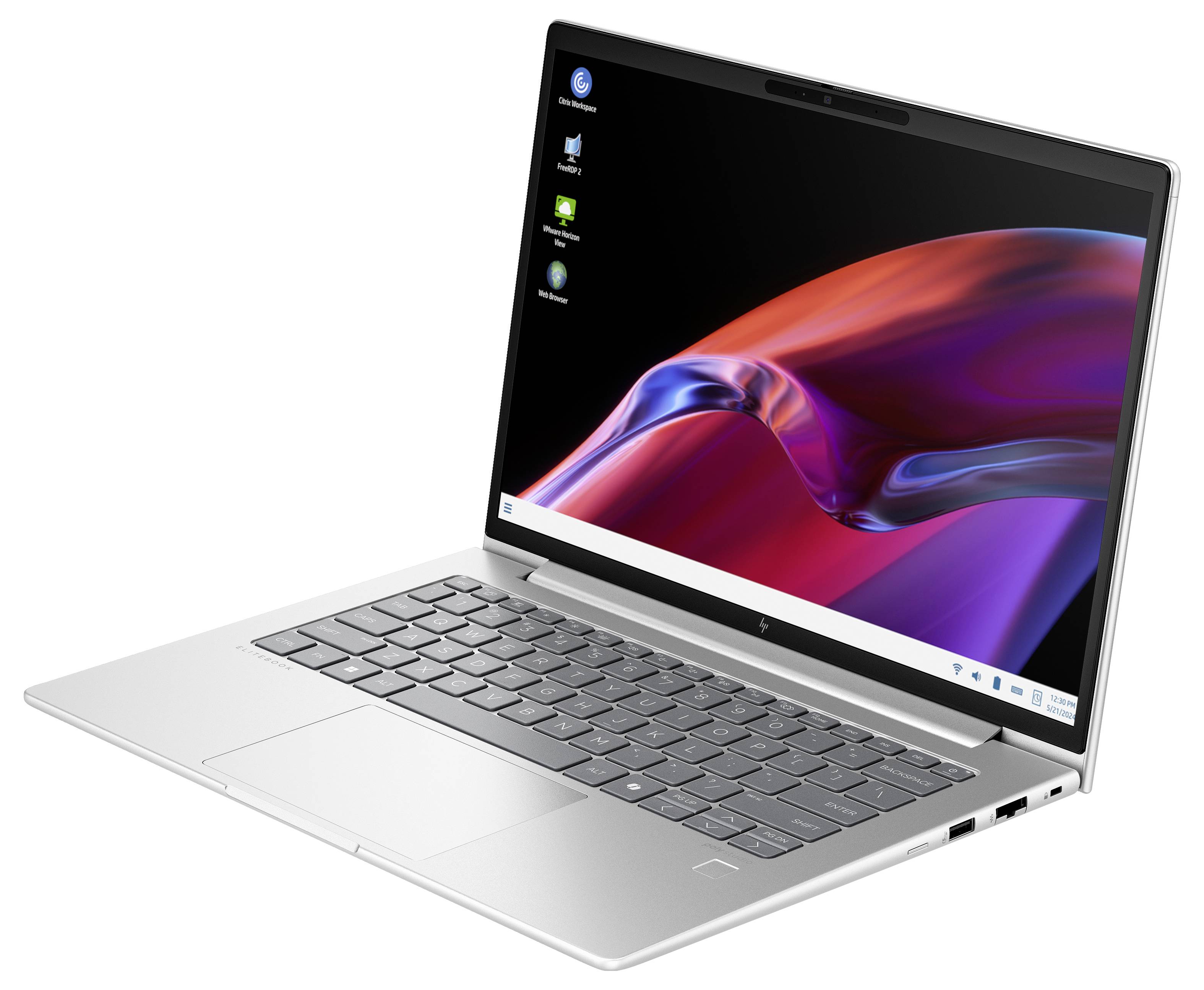 Silberner Laptop mit schwarzer Tastatur, geöffnet und eingeschaltet. Der Bildschirm zeigt ein abstraktes, rotes und violettes Design.