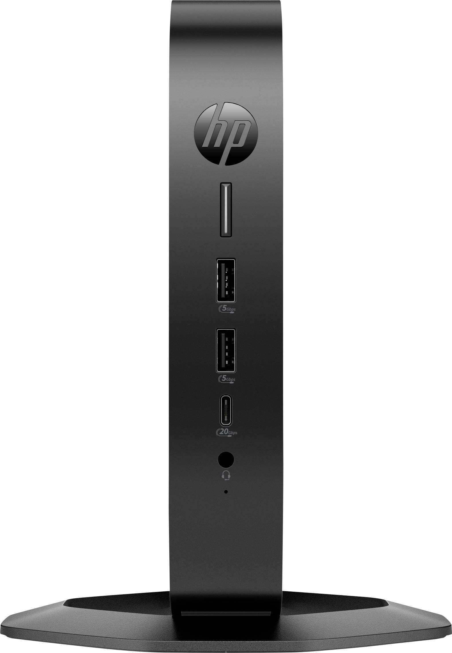 Ein schwarzer Thin Client von HP, frontal abgebildet, zeigt mehrere USB-Anschlüsse, Audioausgang und ein diskretes Logo oben.