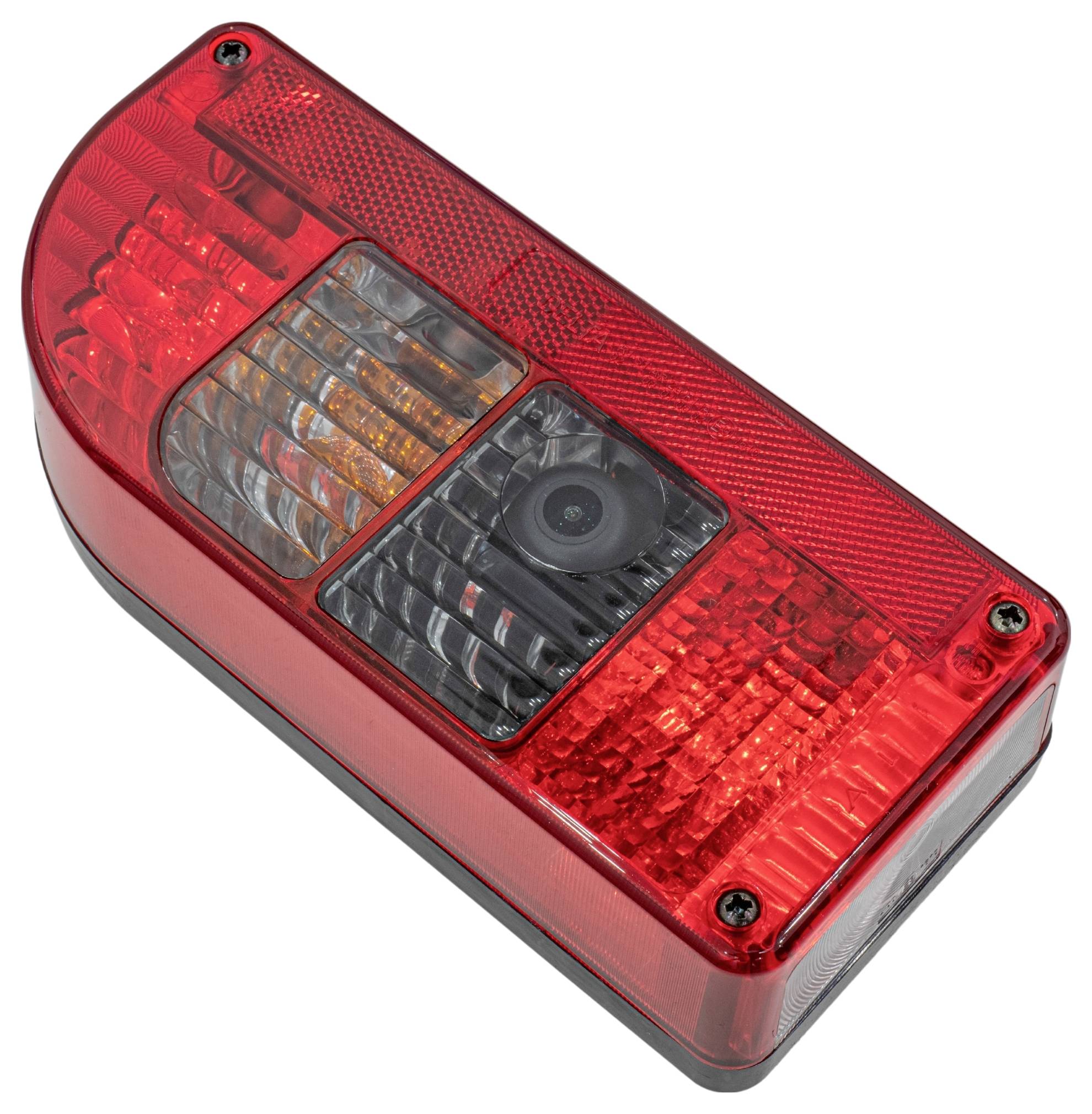 Ein rechteckiges rotes LED-Rücklicht mit mehreren Abschnitten und einer zentralen kreisförmigen Linse, möglicherweise für ein Fahrzeug oder einen Anhänger.