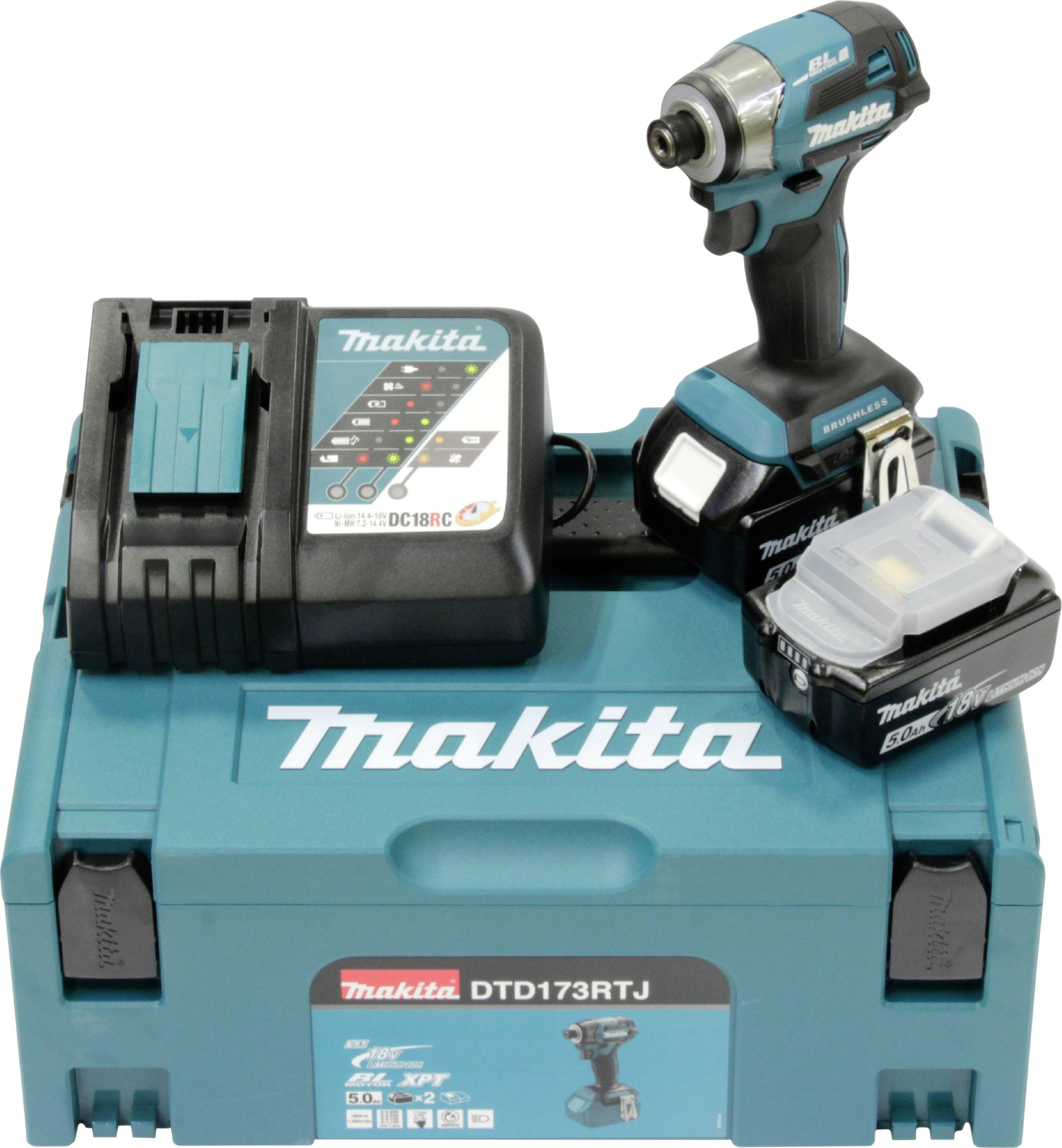 Akkuschrauber-Set von Makita bestehend aus einem blauen Akkuschrauber mit Ladegerät und Akku auf einem Makita-Werkzeugkoffer.