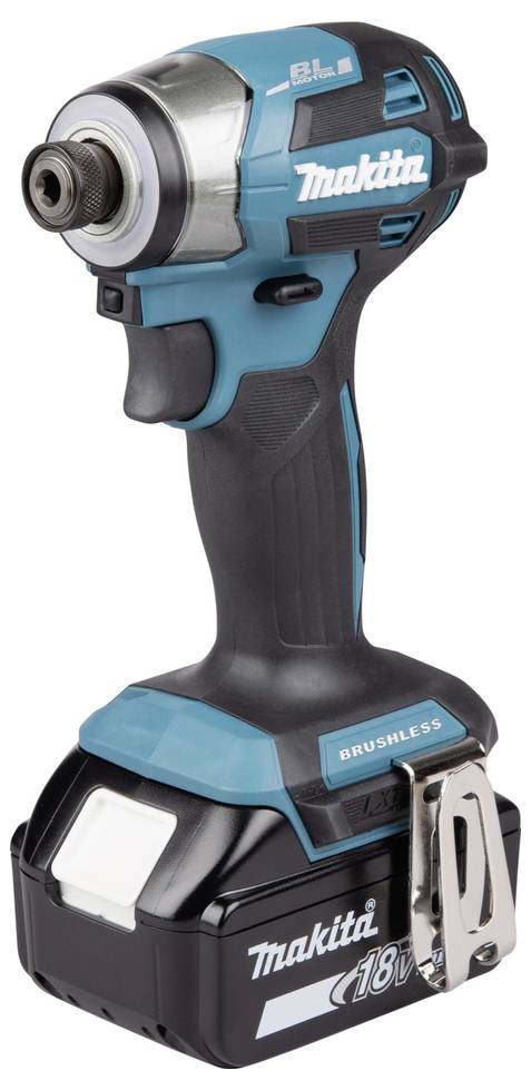 Ein kabelloser Makita Schlagschrauber mit einer 18V-Batterie, mit einem kompakten, ergonomischen Design und einem robusten bürstenlosen Motor für effiziente Leistung.