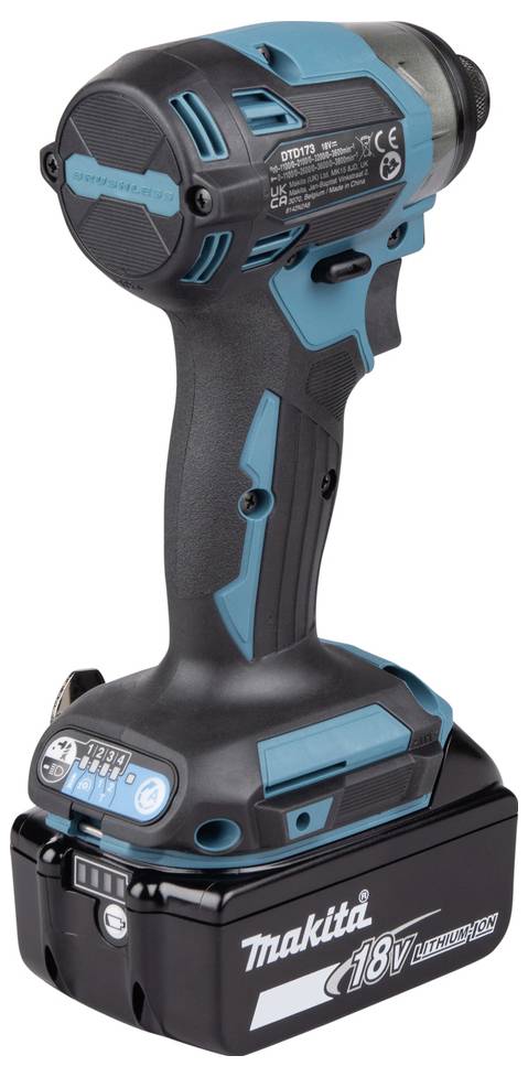 Makita 18V Lithium-Ionen-Akku-Bohrschrauber mit ergonomischem Design, in blauer und schwarzer Farbe, mit sichtbarem Akkupack und Leistungseinstellungswahlschalter.