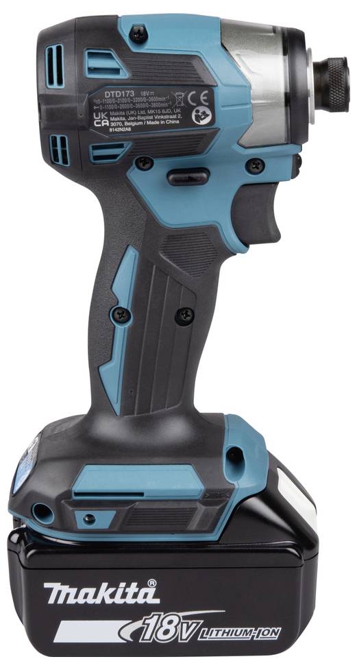 Ein blau-schwarzer kabelloser elektrischer Schlagschrauber mit einer 18V-Lithium-Batterie, entwickelt für professionelle oder DIY-Anwendungen.